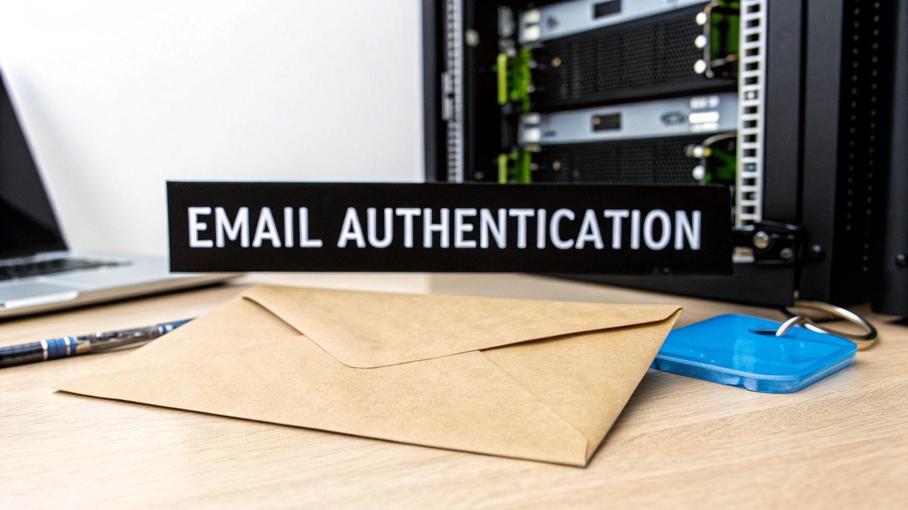 An 'EMAIL AUTHENTICATION' sign on a desk with a server, laptop, envelope, and security key fob.