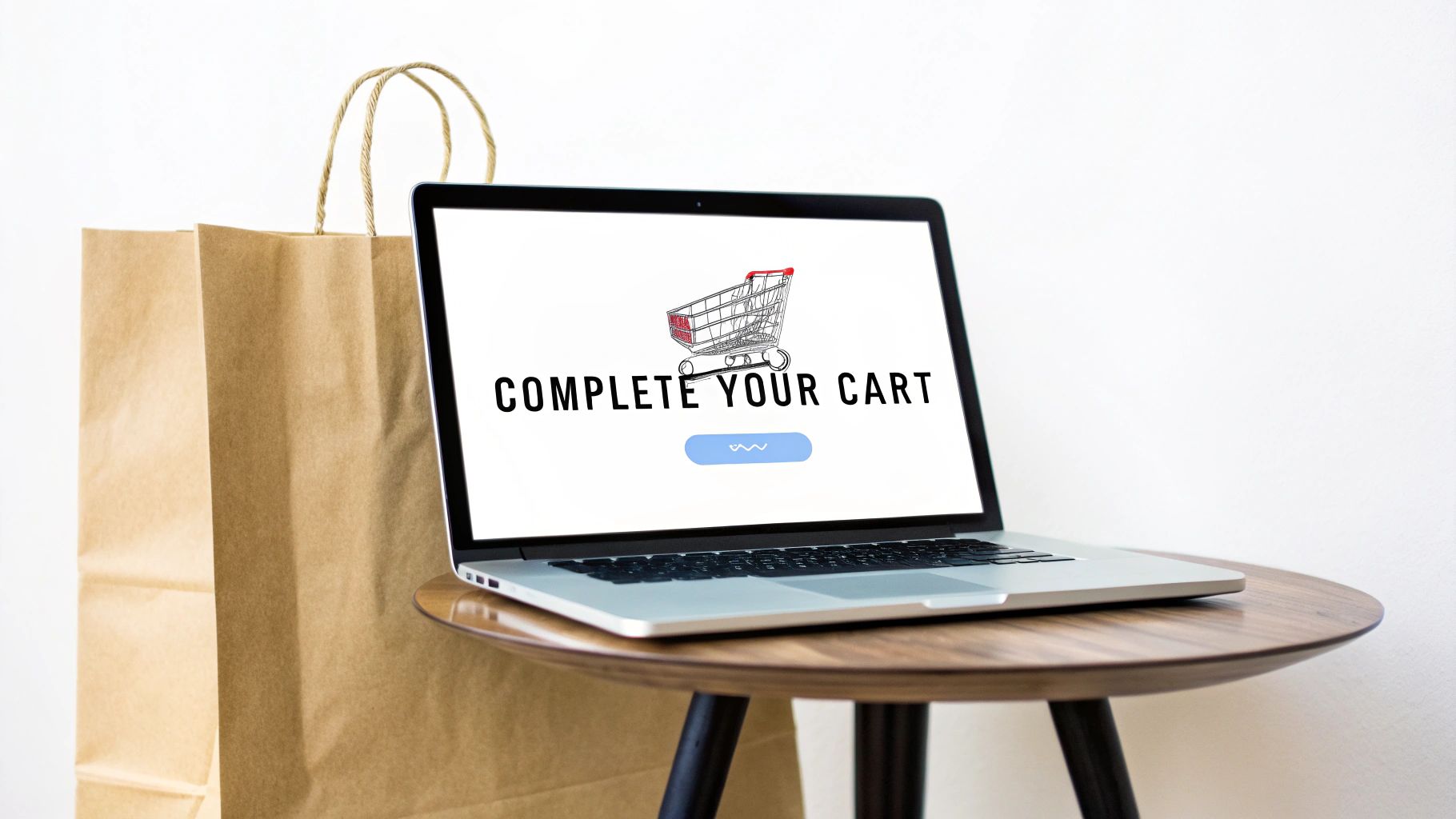 A laptop screen displays 'COMPLETE YOUR CART' with a shopping cart icon, beside a brown shopping bag.