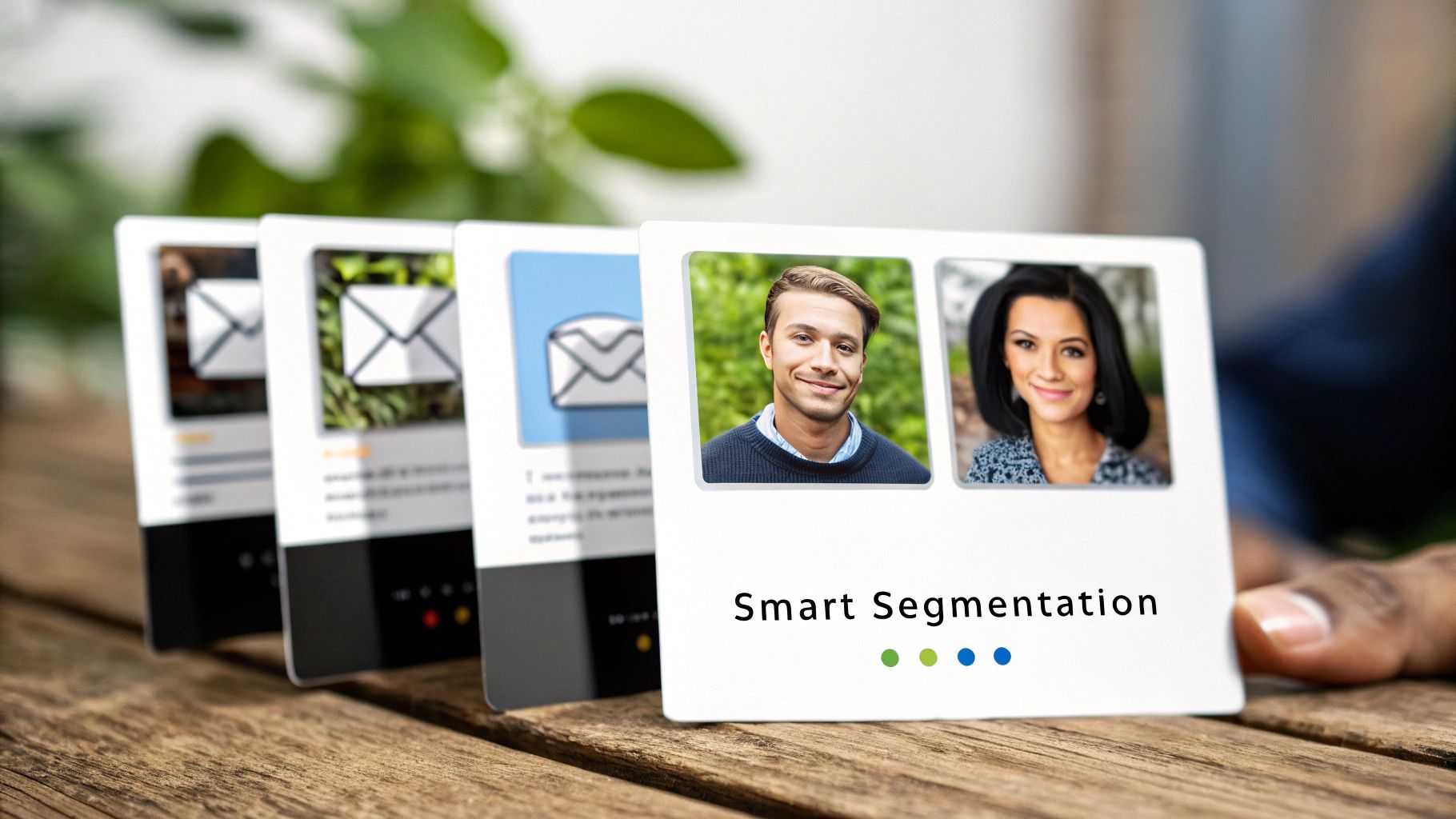 A hand holds a digital marketing card showing 'Smart Segmentation' with user profiles and email icons.