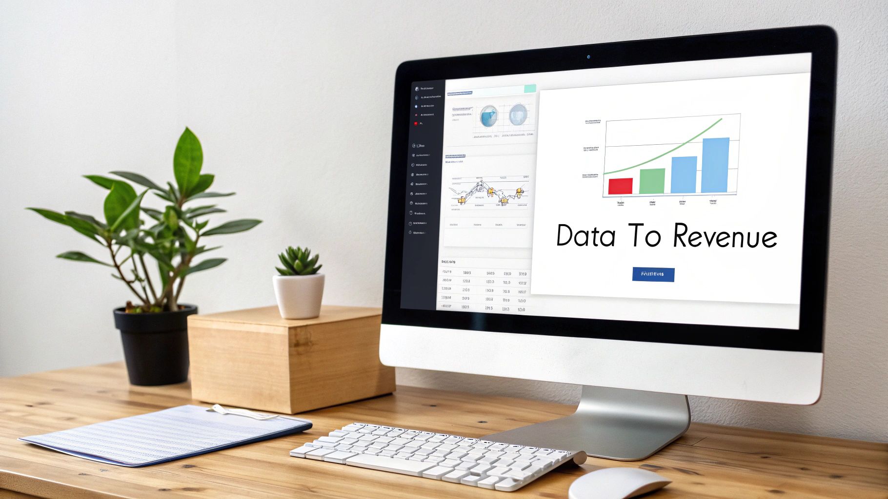 A desktop computer displays business data analysis and growth charts on a tidy wooden desk.