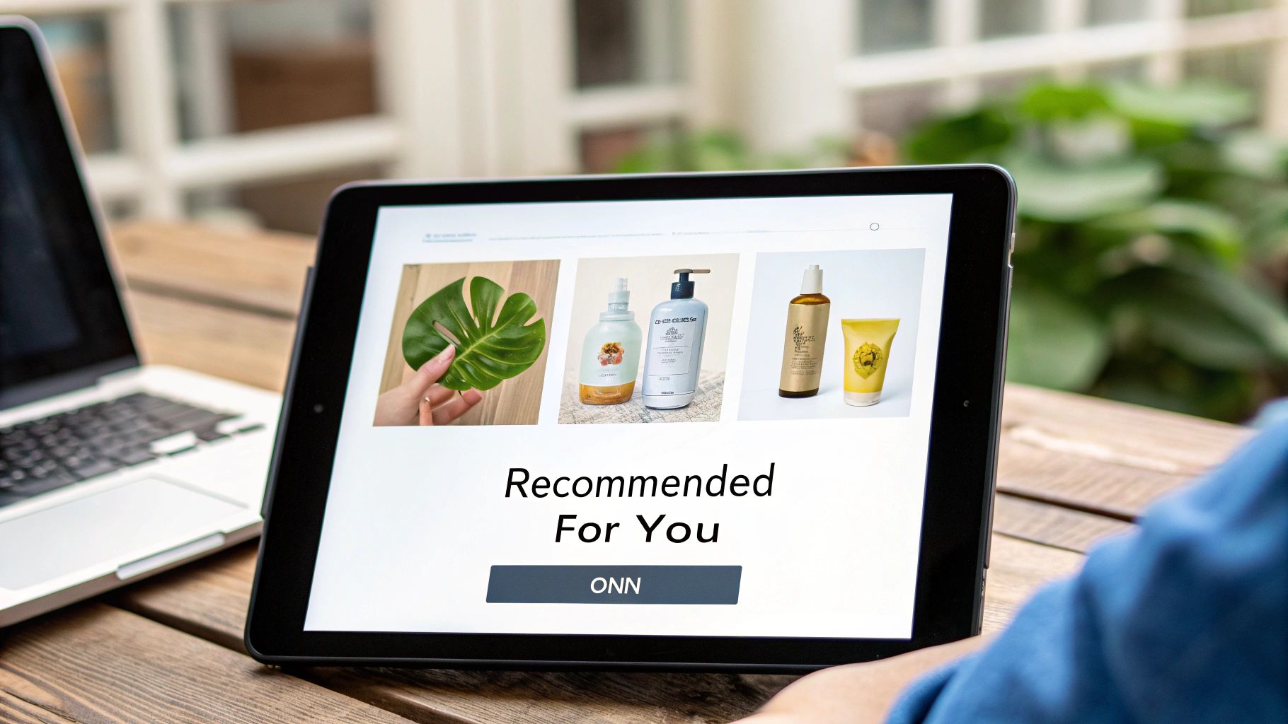 A person views a tablet displaying 'Recommended For You' with images of natural beauty products and a leaf.