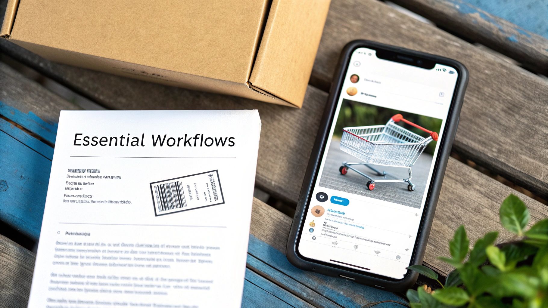 Overhead shot of an 'Essential Workflows' document, delivery box, and smartphone with a shopping cart.