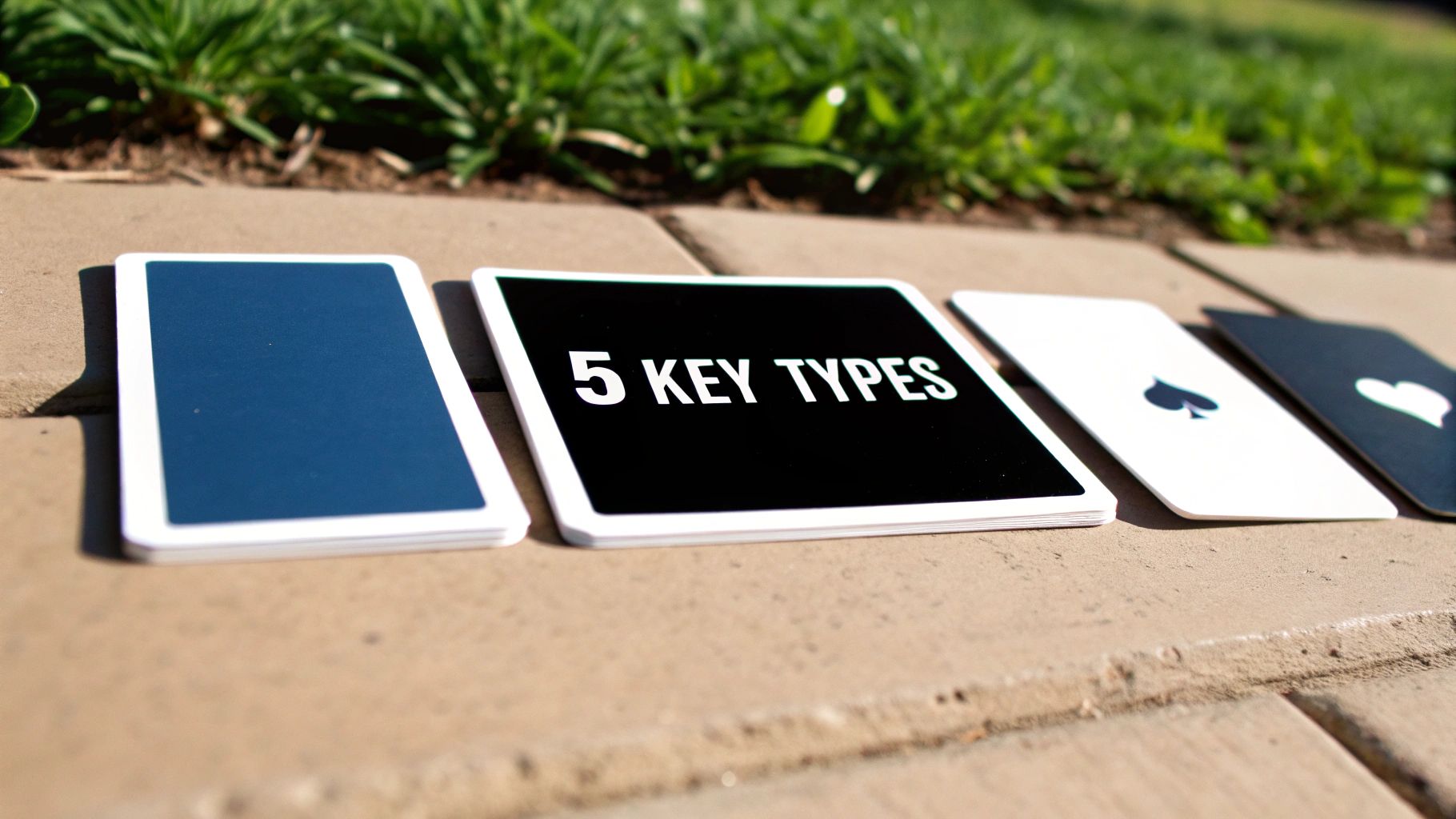 Four cards laid out on pavement, showing a blue back, '5 KEY TYPES' text, a spade, and a heart symbol.