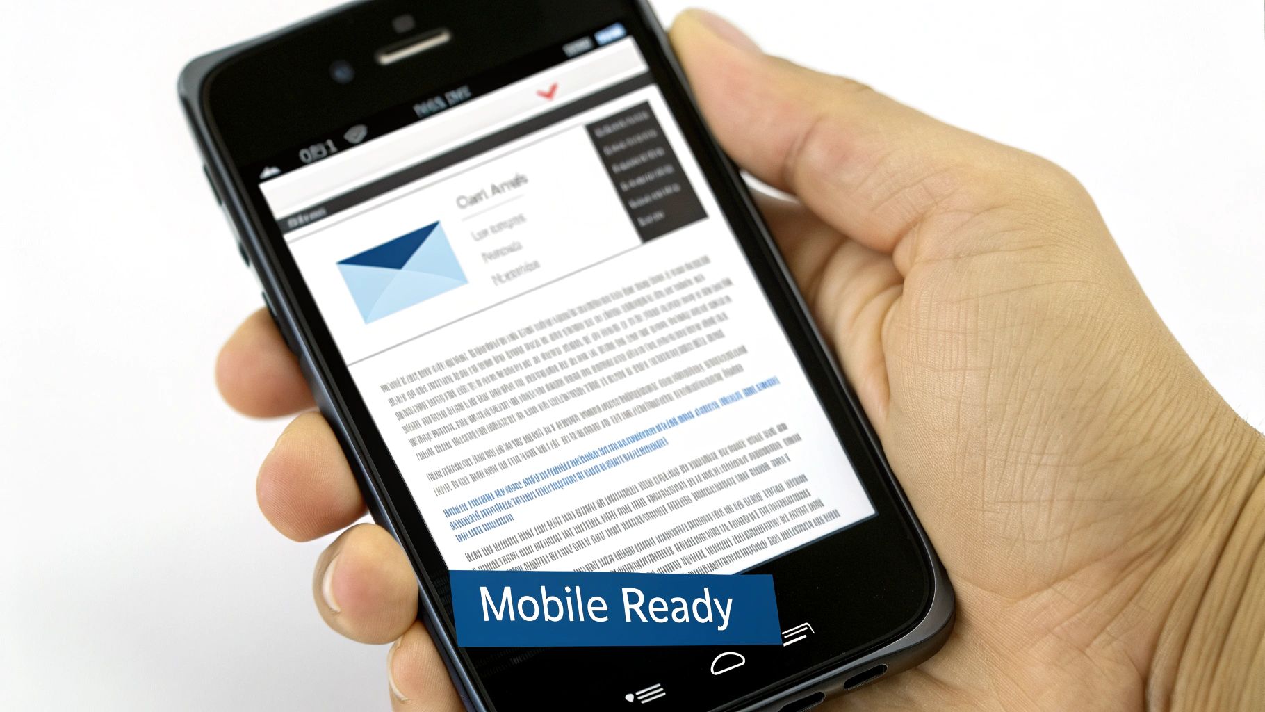 A hand holds a smartphone displaying a responsive email with an envelope icon and 'Mobile Ready' text.