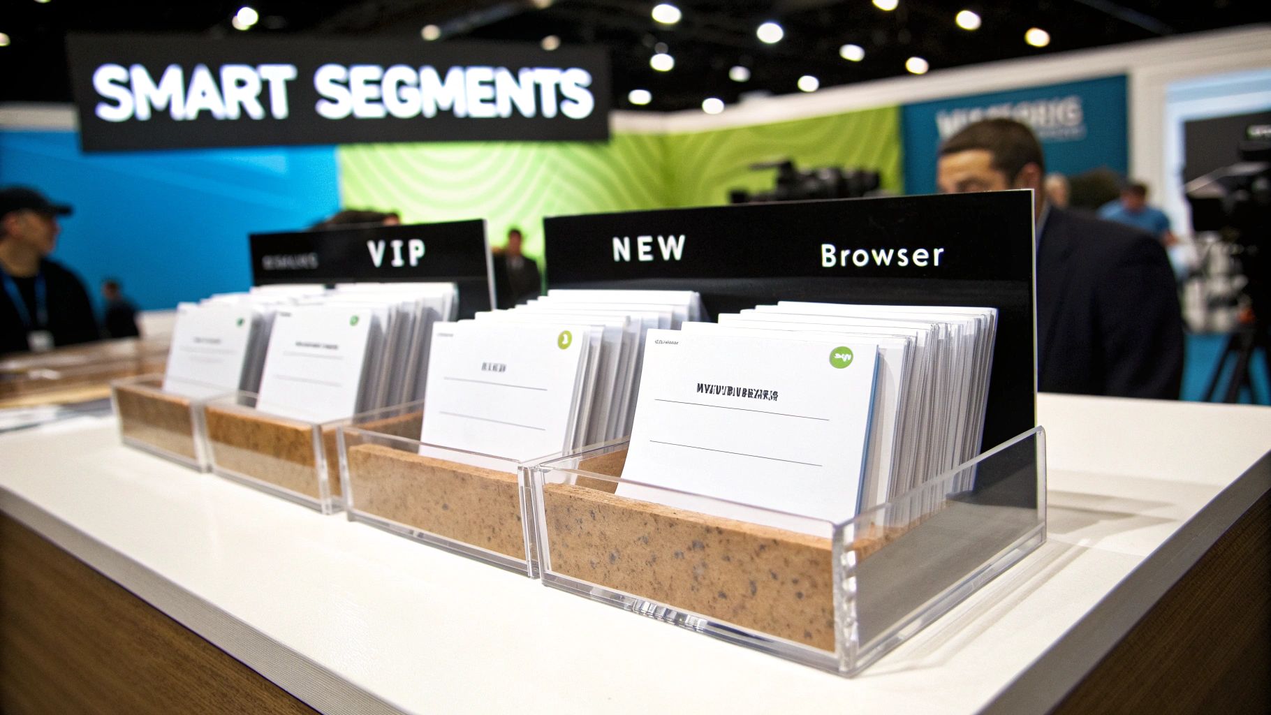 A display table at a conference featuring categorized information cards under a "Smart Segments" sign.