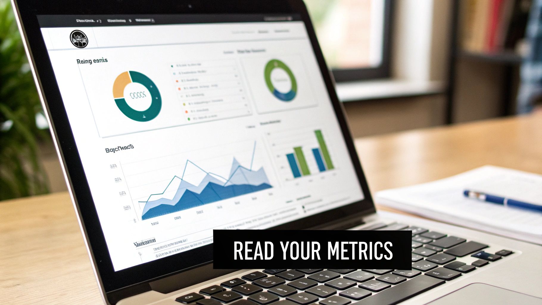A laptop screen displays business analytics charts and graphs with a 'READ YOUR METRICS' overlay.