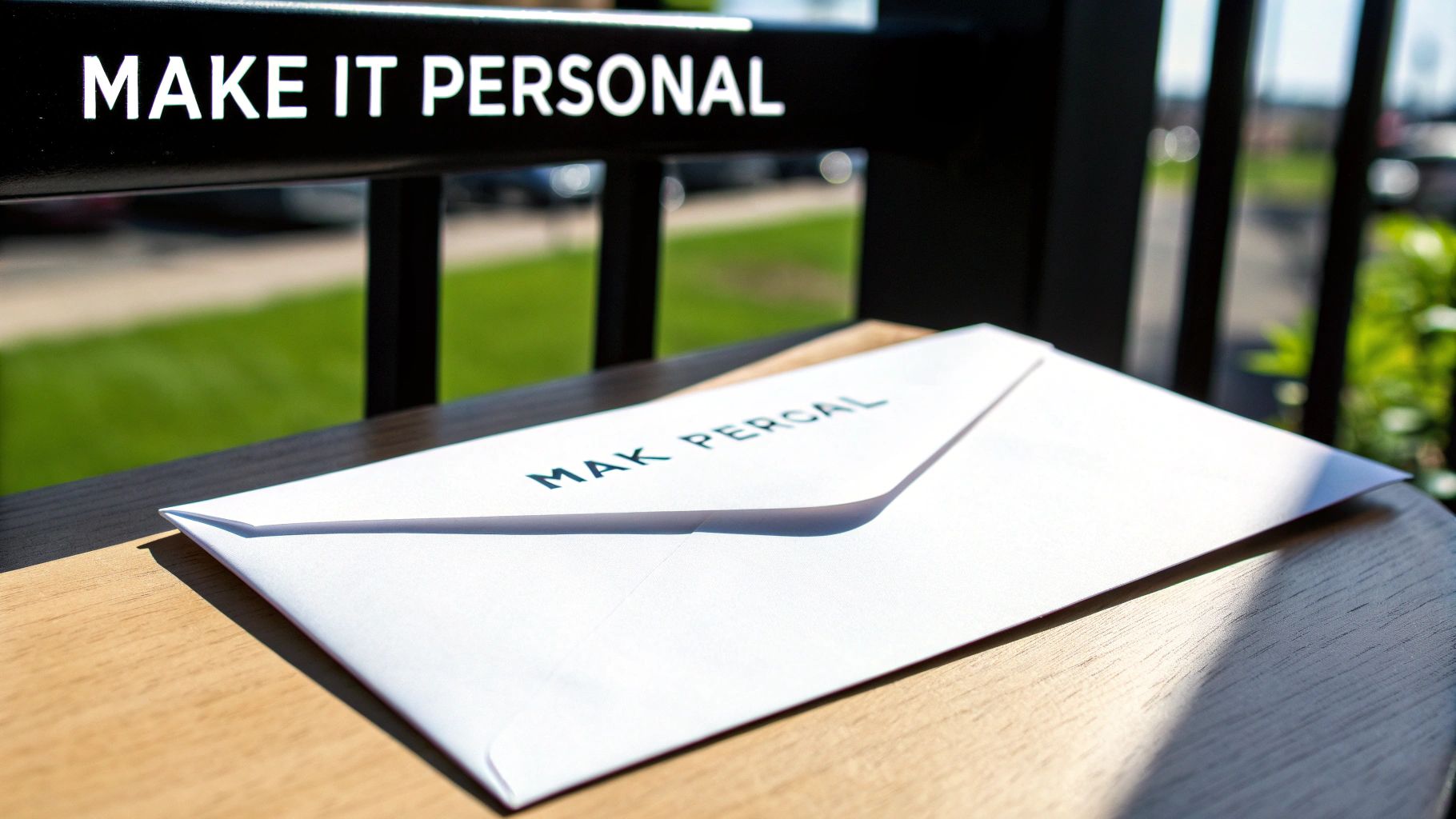 A white envelope with 'MAK PERCAL' text rests on a wooden table, next to a black railing with 'MAKE IT PERSONAL' written on it.