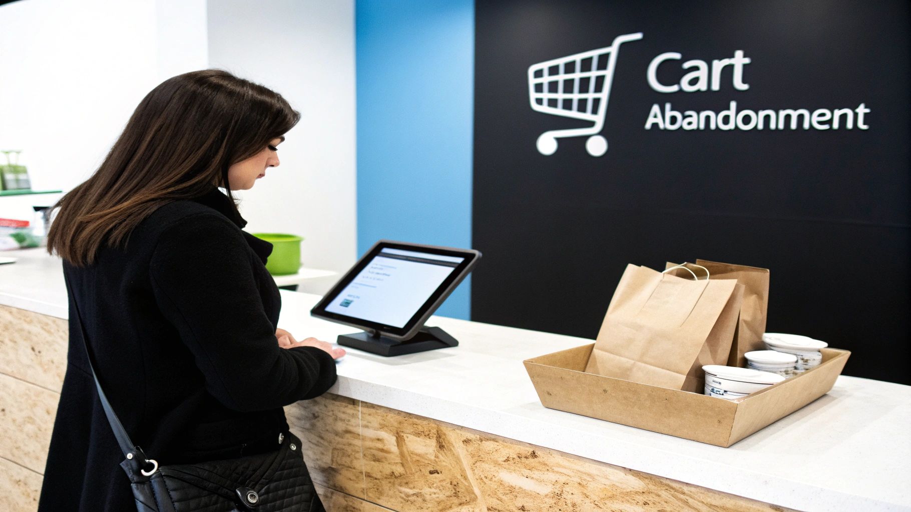 A woman interacts with a tablet at a counter with a 'Cart Abandonment' sign.