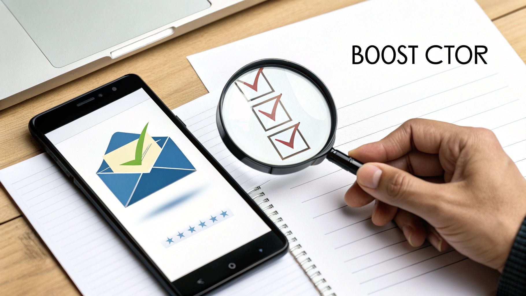 Smartphone with email success, magnifying glass over checklist, and 'BOOST CTOR' text on paper.