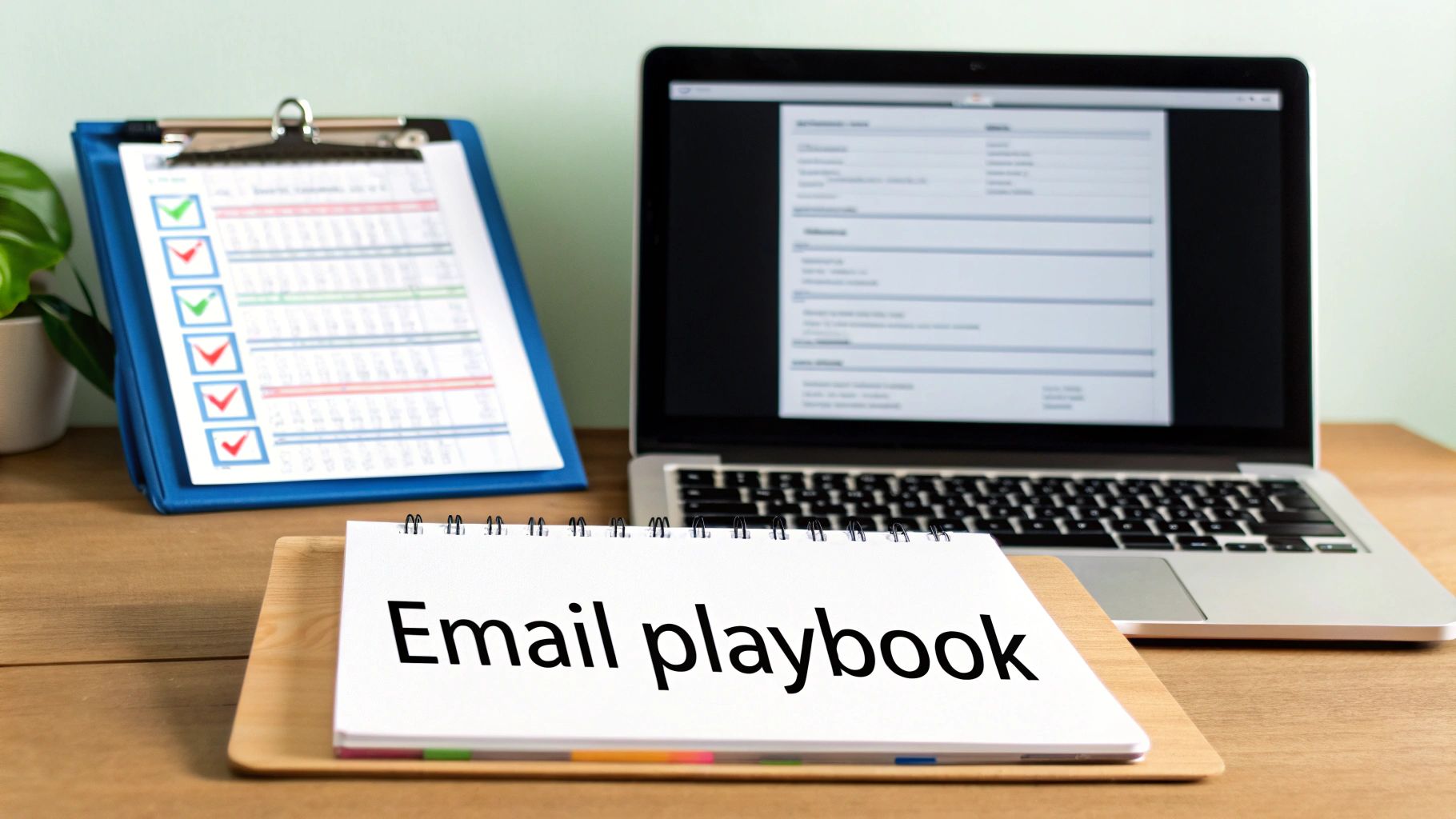 A desk with an 'Email playbook' notebook, a laptop, and a clipboard with a checklist.