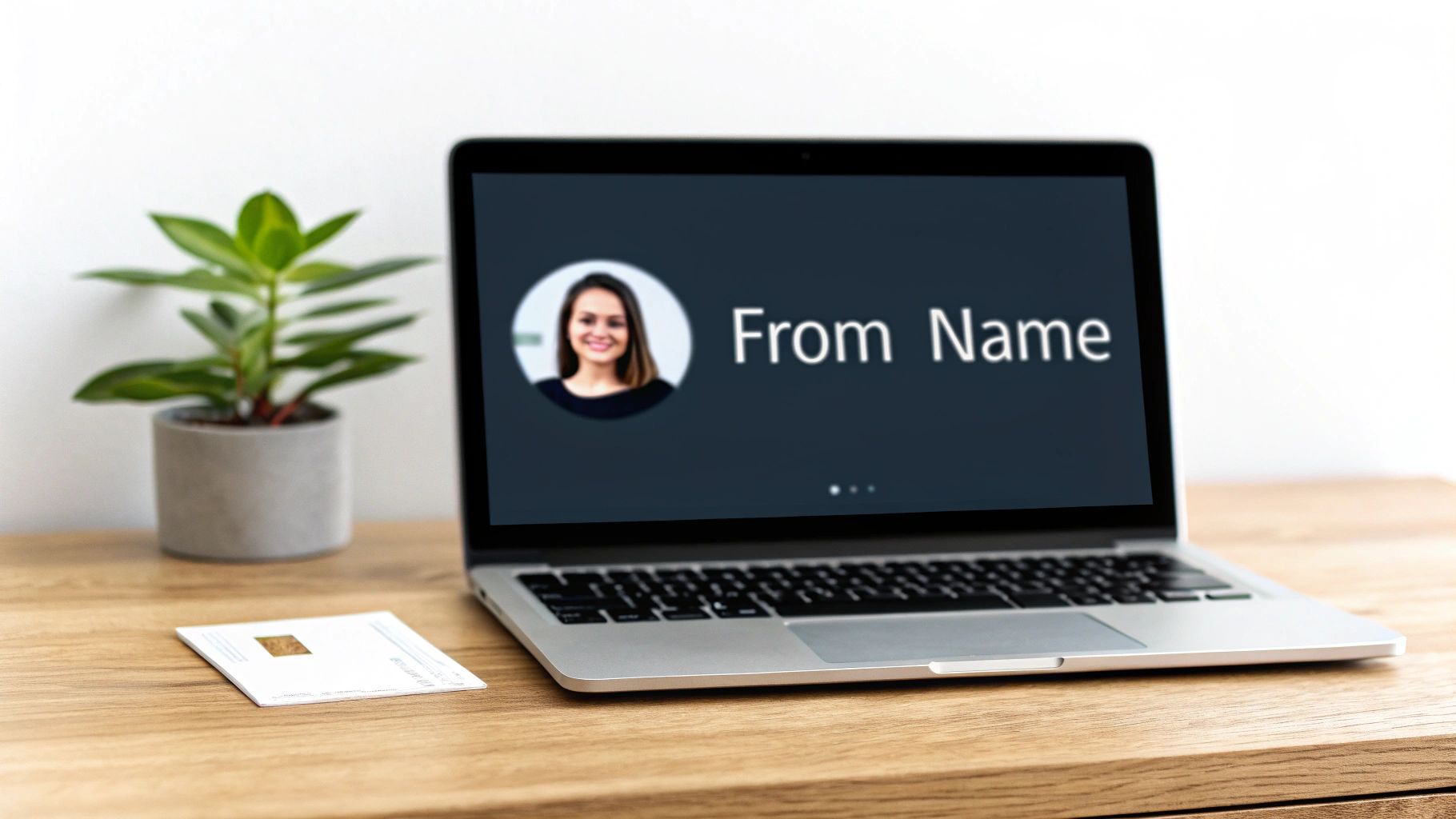 A laptop on a wooden desk shows an email screen with a woman's profile and 'From Name'. A plant and card are nearby.