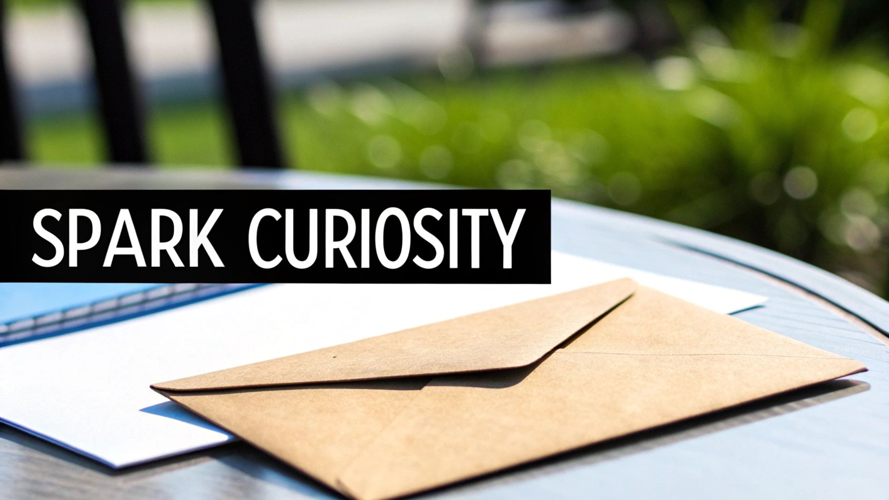 A brown envelope and white paper on a table, with a banner displaying 'SPARK CURIOSITY' text.