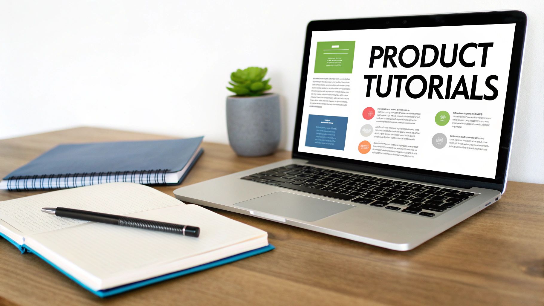 A modern laptop on a wooden desk showing &#39;Product Tutorials&#39; with notebooks and a plant.