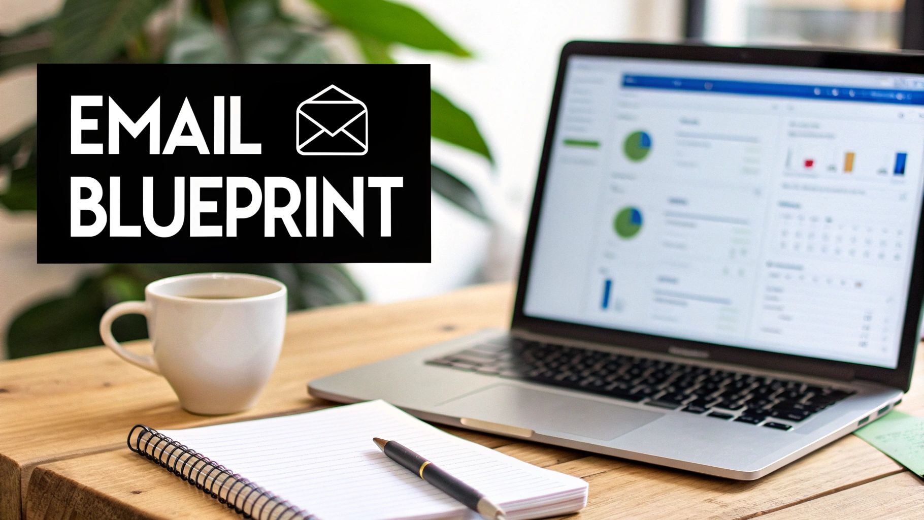 A workspace with a laptop, coffee, and notebook, featuring text 'EMAIL BLUEPRINT' and an email icon.