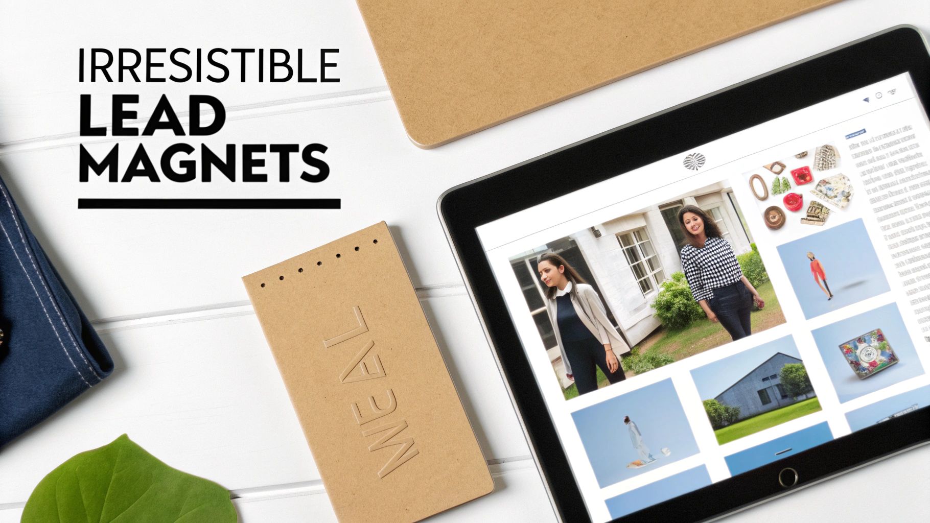Flat lay of a desk with a tablet showing a website, notepads, and text 'IRRESISTIBLE LEAD MAGNETS'.