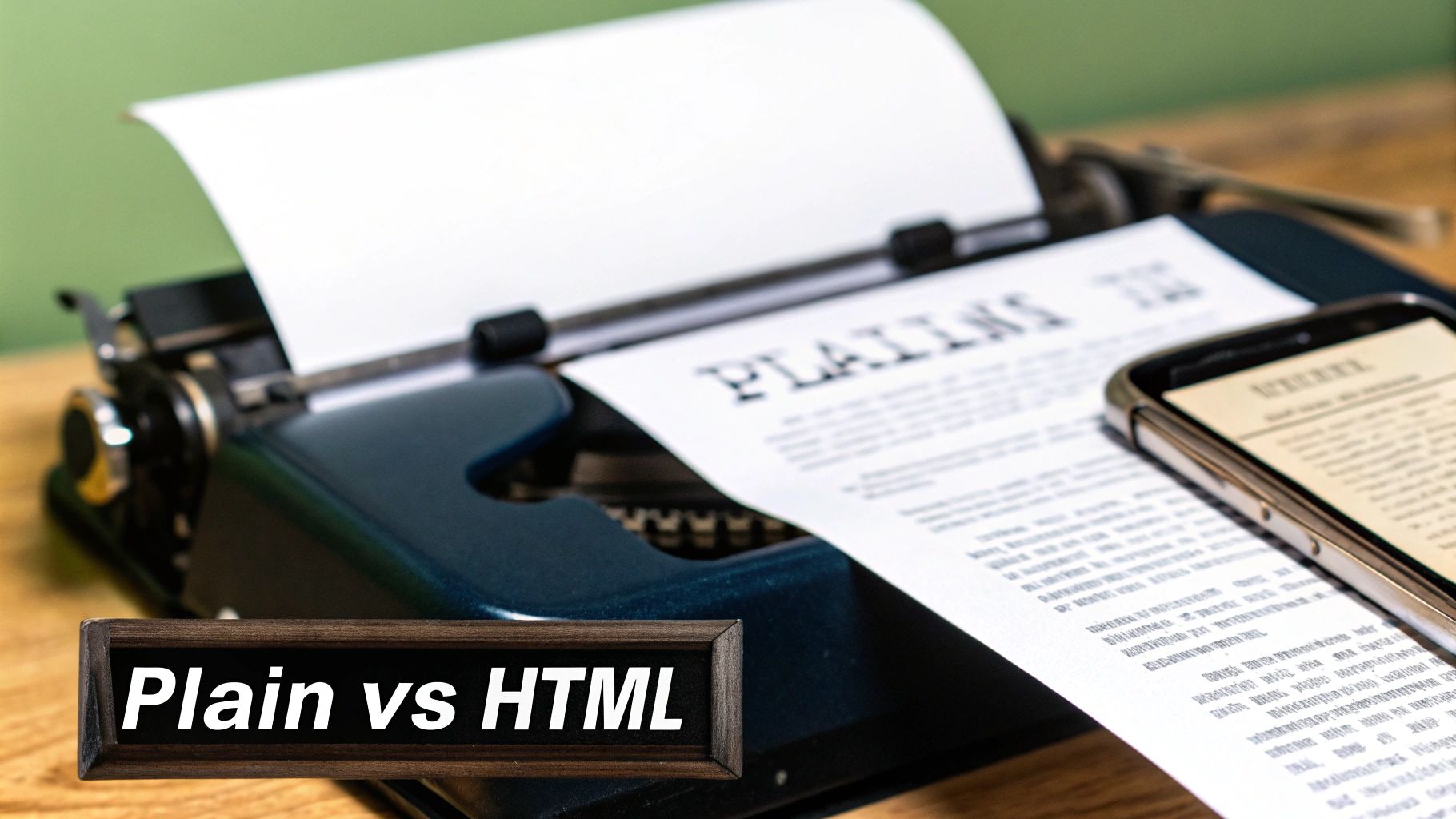 Typewriter with plain text next to a smartphone displaying HTML, emphasizing the 'Plain vs HTML' concept.