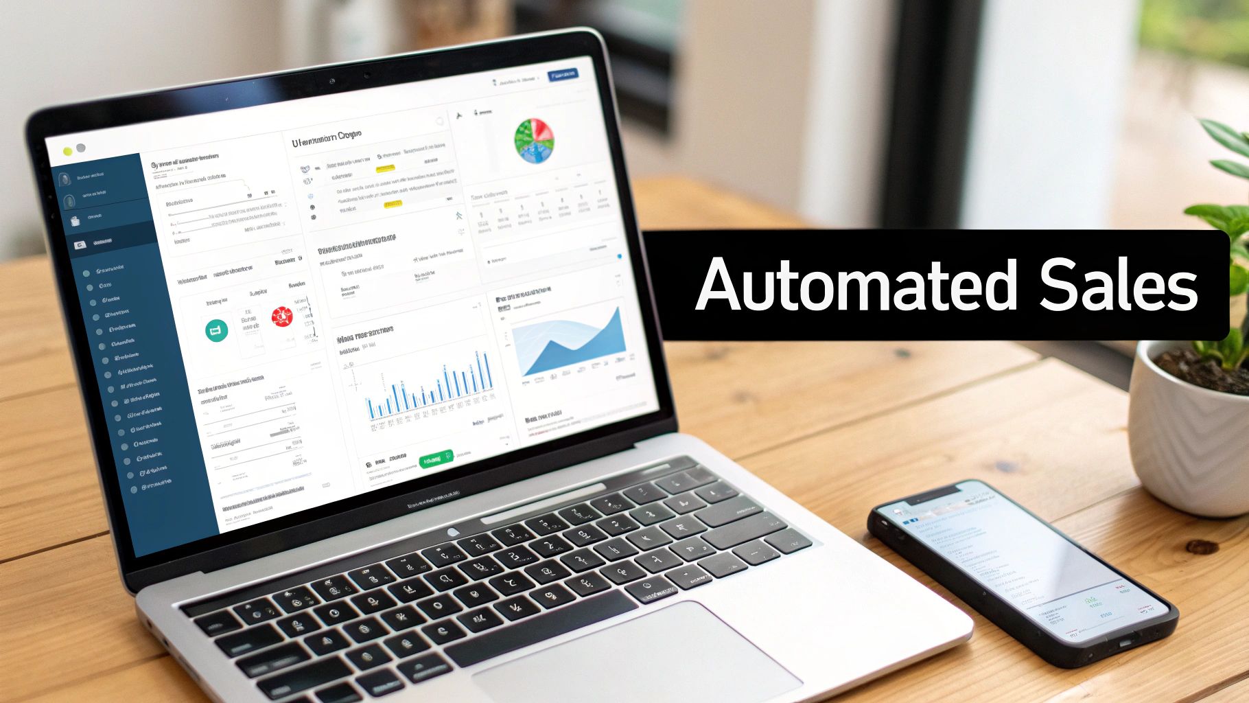 Laptop displaying an automated sales dashboard with charts and data, accompanied by a smartphone on a wooden desk.