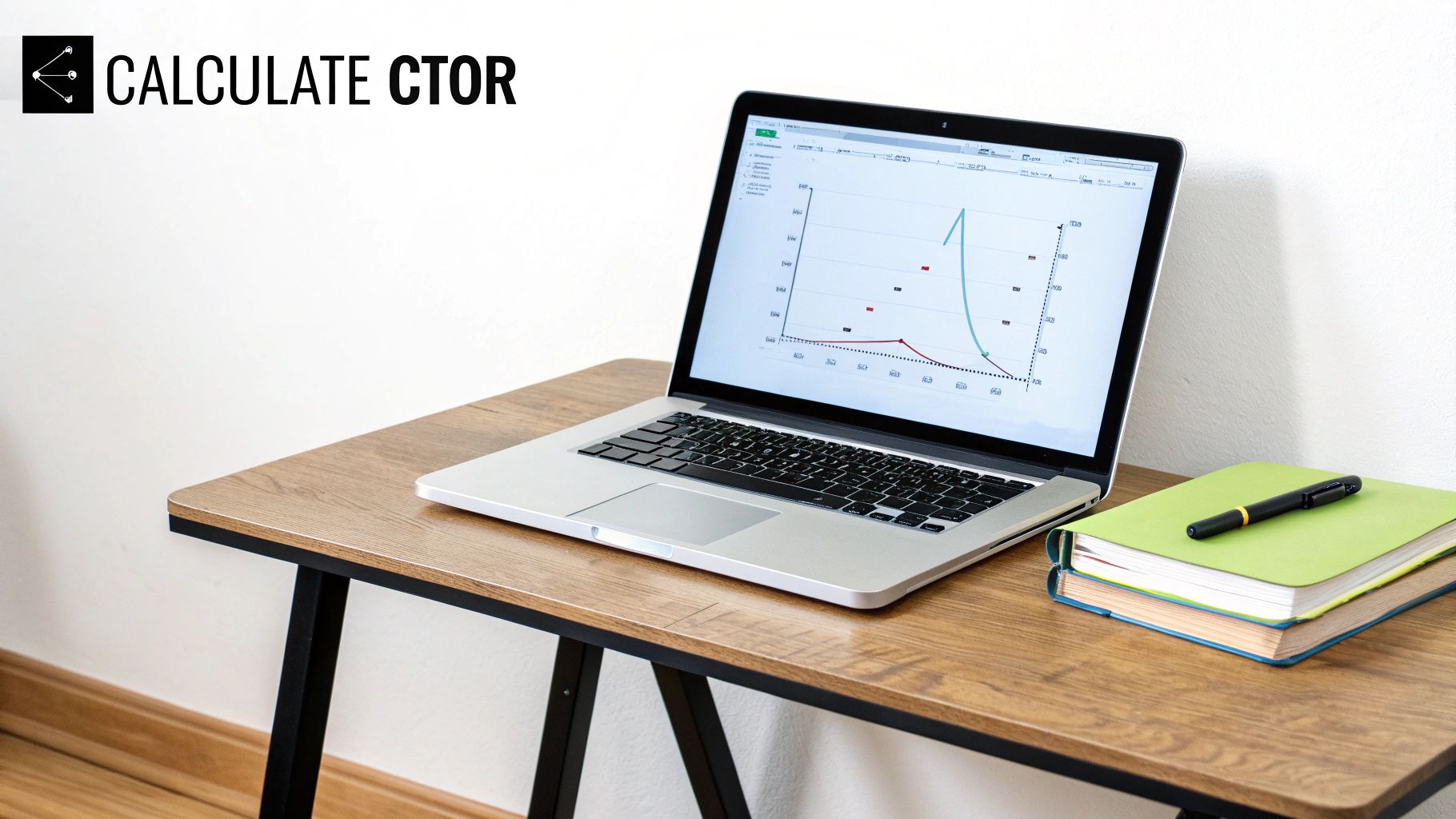 A laptop displaying a graph, notebooks, and a pen on a wooden desk, with 'CALCULATE CTOR' visible.