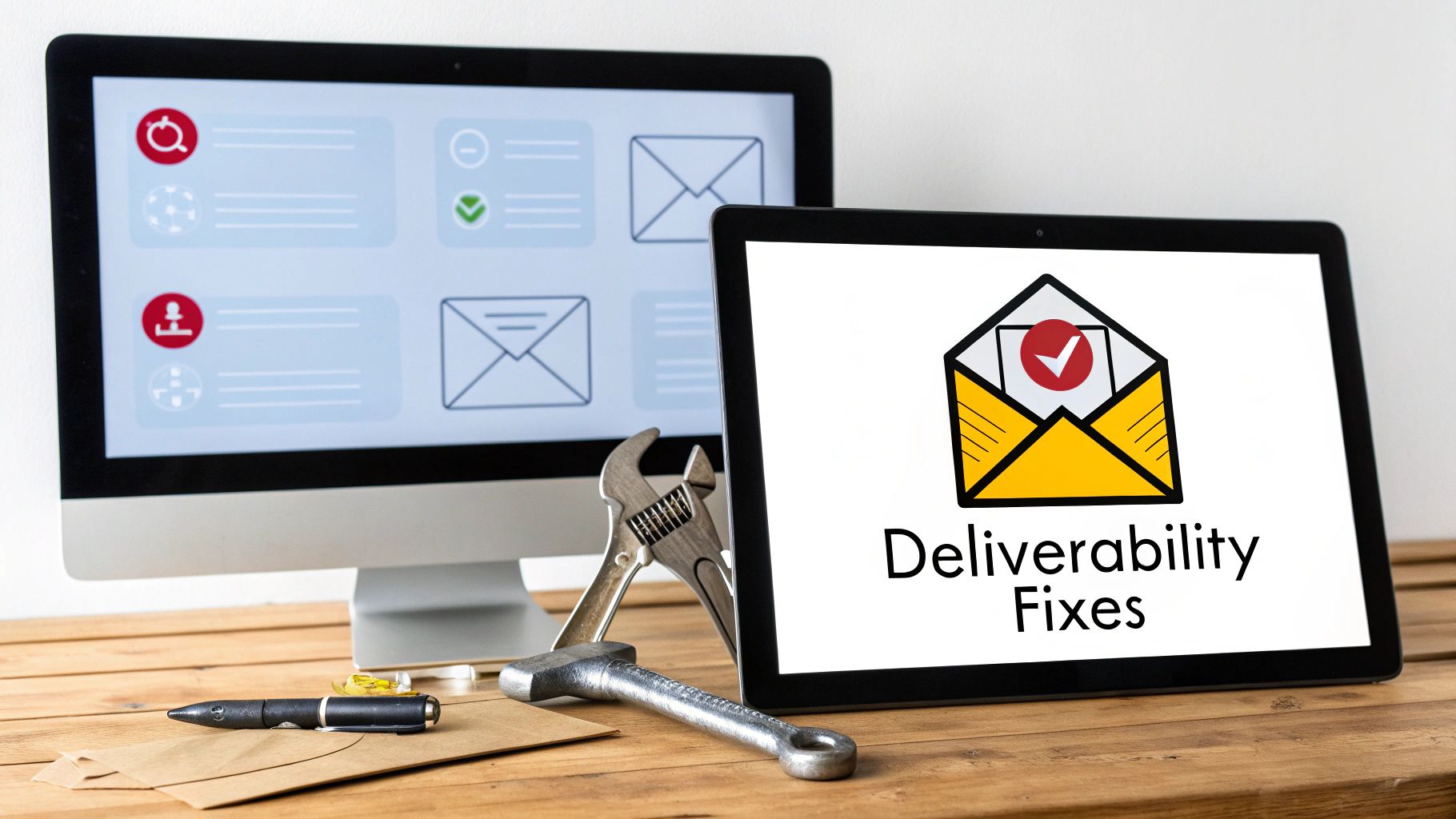 A computer monitor and tablet display email deliverability concepts and 'Deliverability Fixes', with tools on a wooden desk.