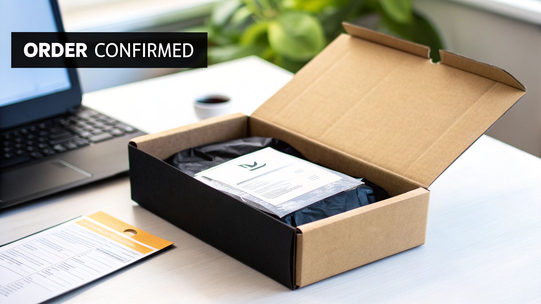 An open package with an order confirmation, documents, and a laptop on a desk.