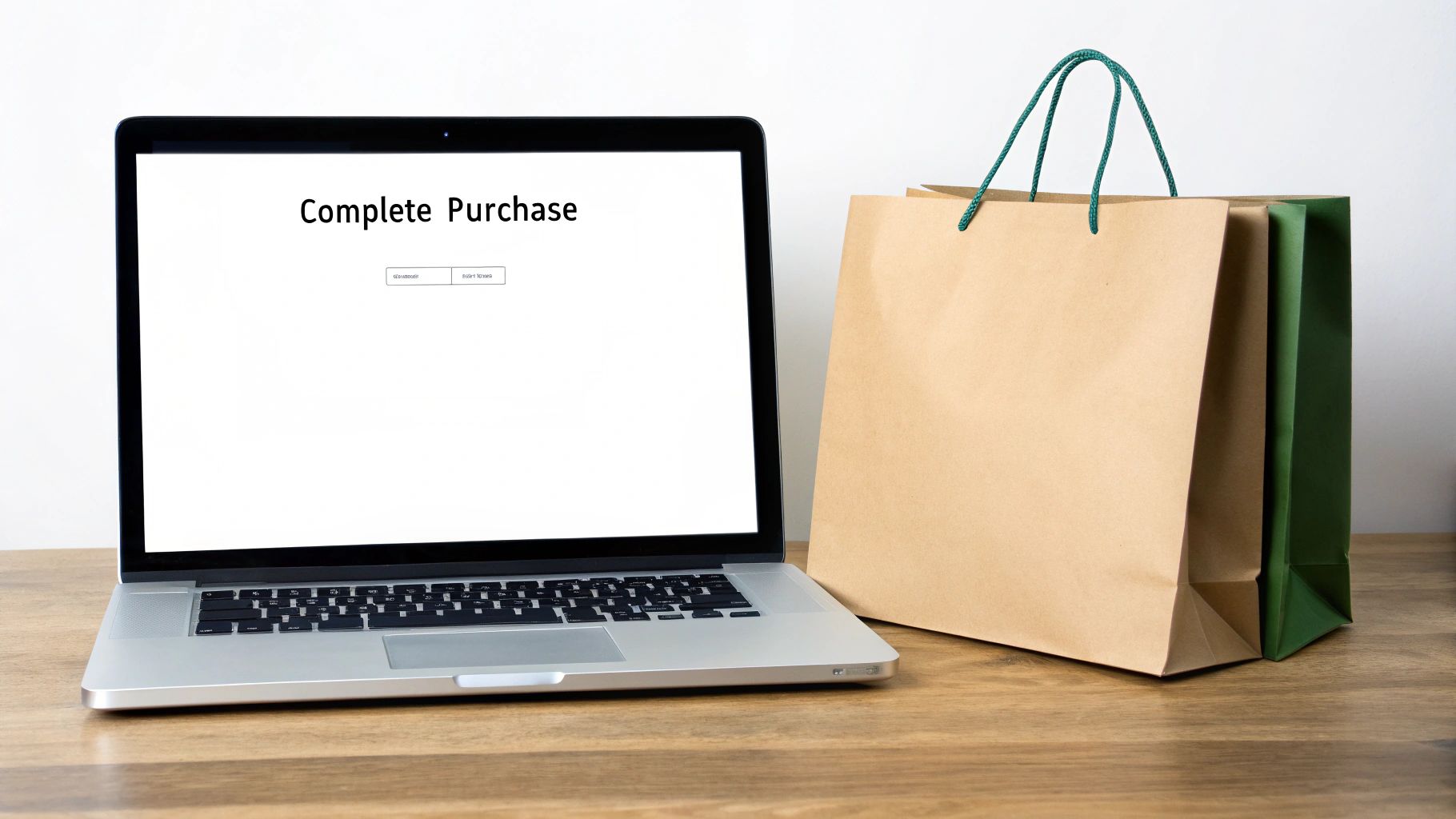 A laptop displays 'Complete Purchase' on screen next to brown and green shopping bags.