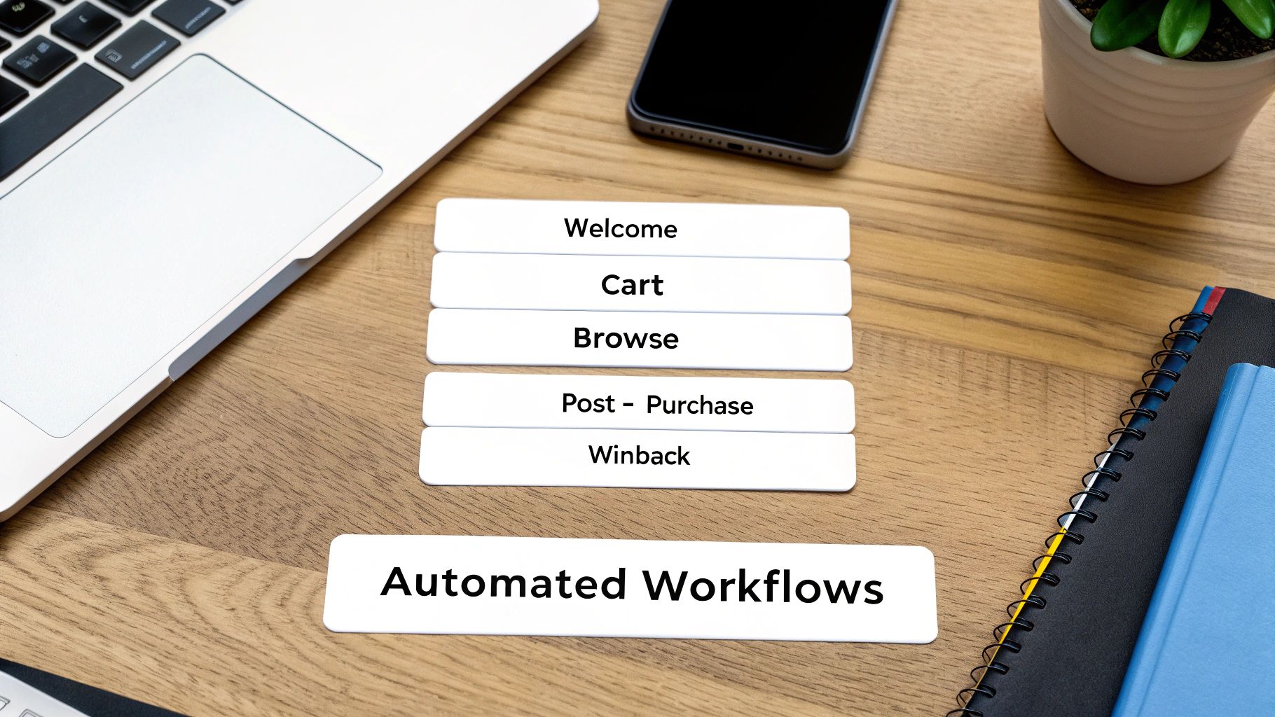 White cards on a wooden desk showing e-commerce automated workflows, with stages like Welcome, Cart, and Winback.