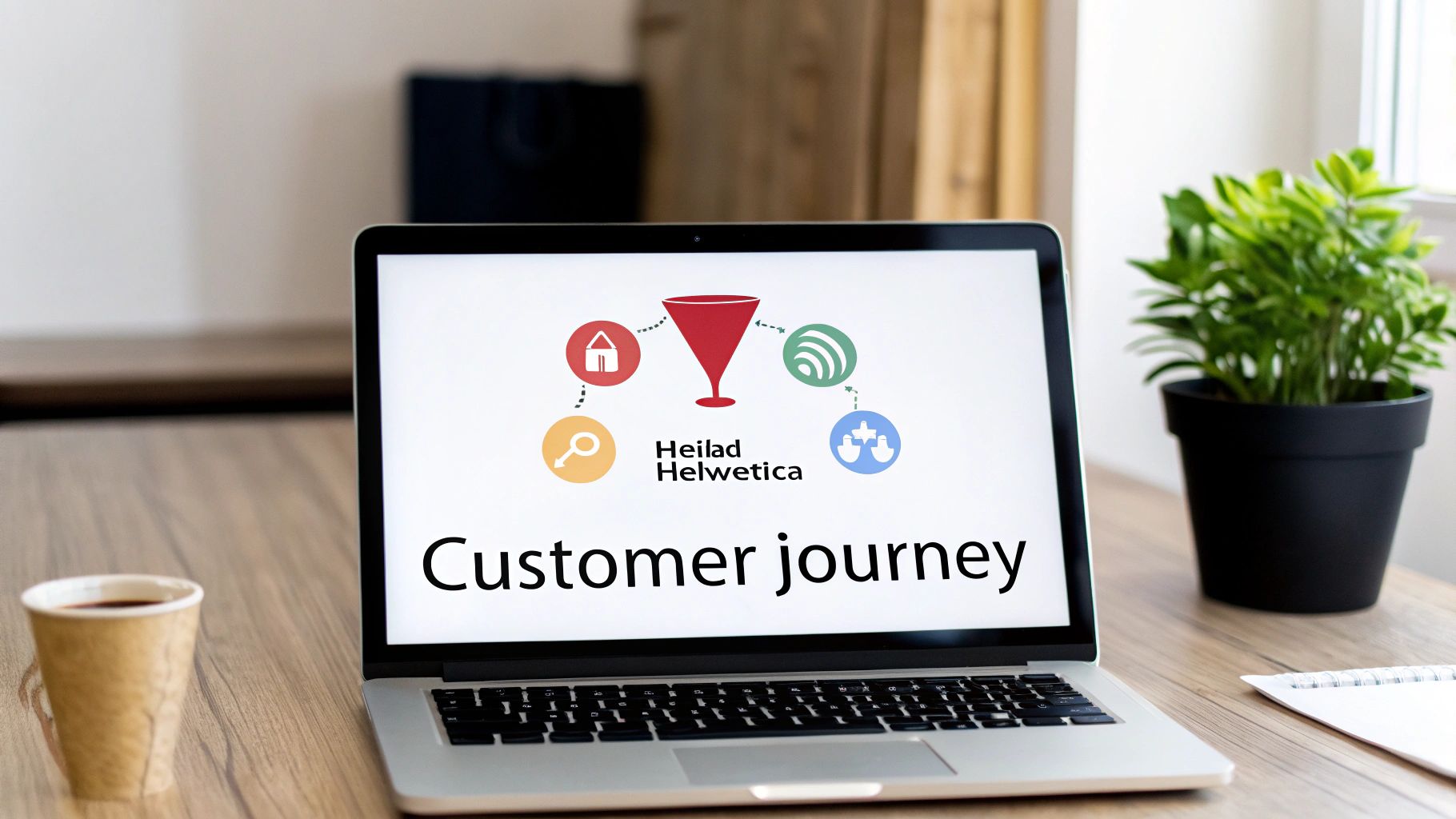 Laptop on a desk displaying a customer journey diagram with a red funnel and various icons.