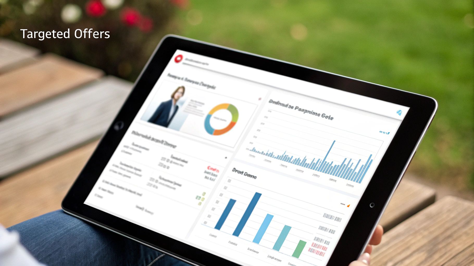A person holds a tablet displaying a business analytics dashboard with charts and graphs, outdoors.