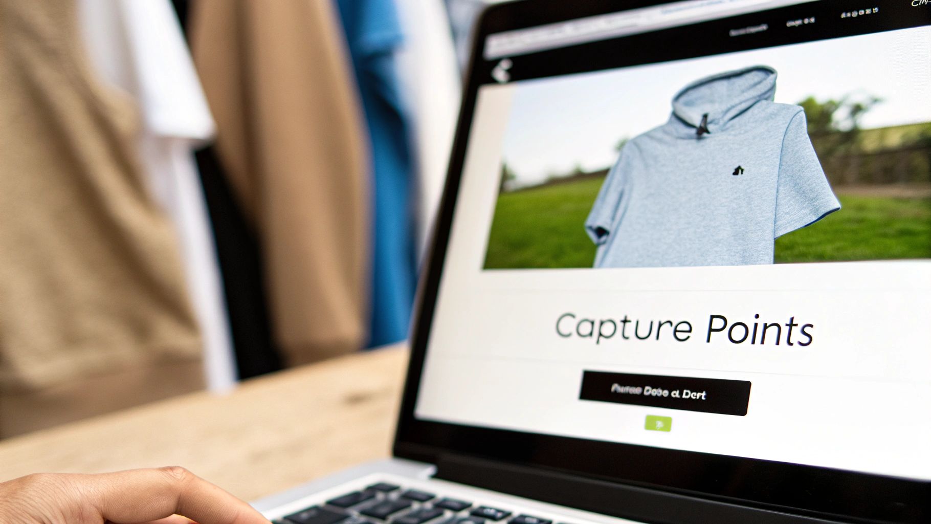 Close-up of a laptop screen displaying a light blue hoodie on an e-commerce website.