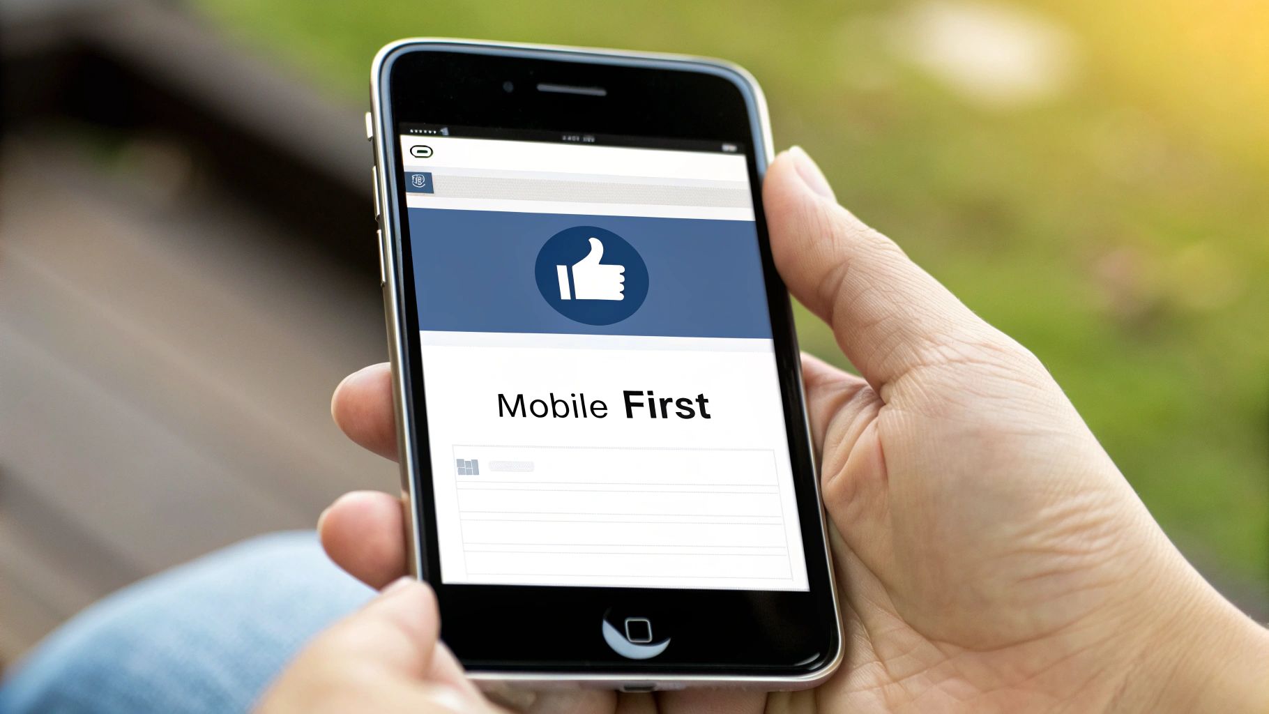 A person holds a smartphone displaying 'Mobile First' and a thumbs-up icon, emphasizing responsive design.