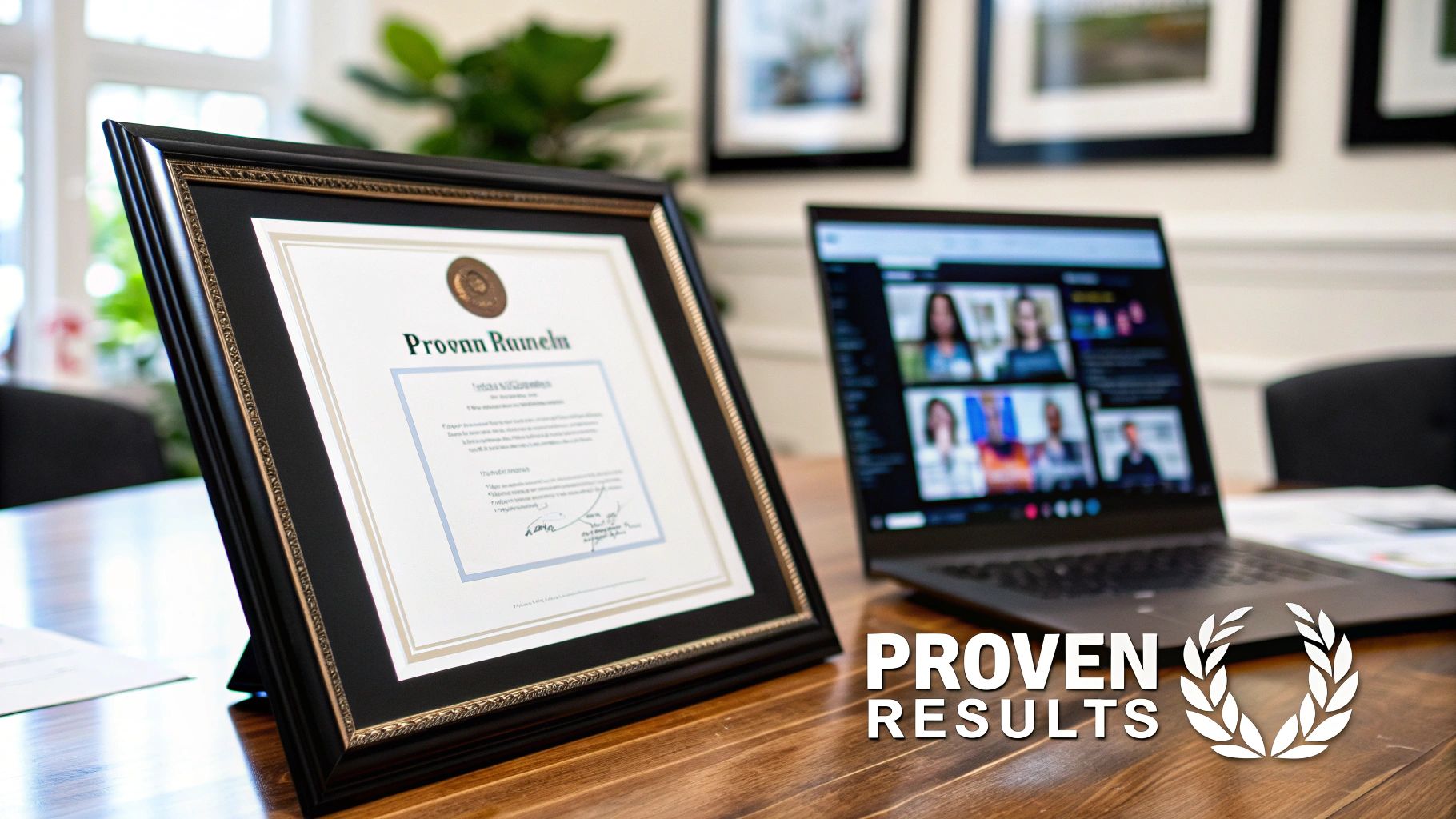 A framed certificate sits next to a laptop displaying an online meeting, with 'Proven Results' text.