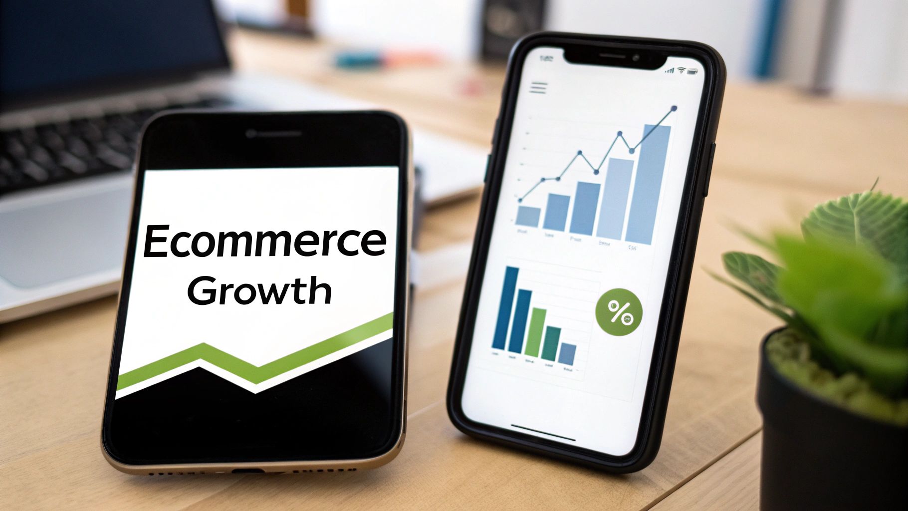 Mobile phones showing "Ecommerce Growth" text and data analytics charts for business improvement.