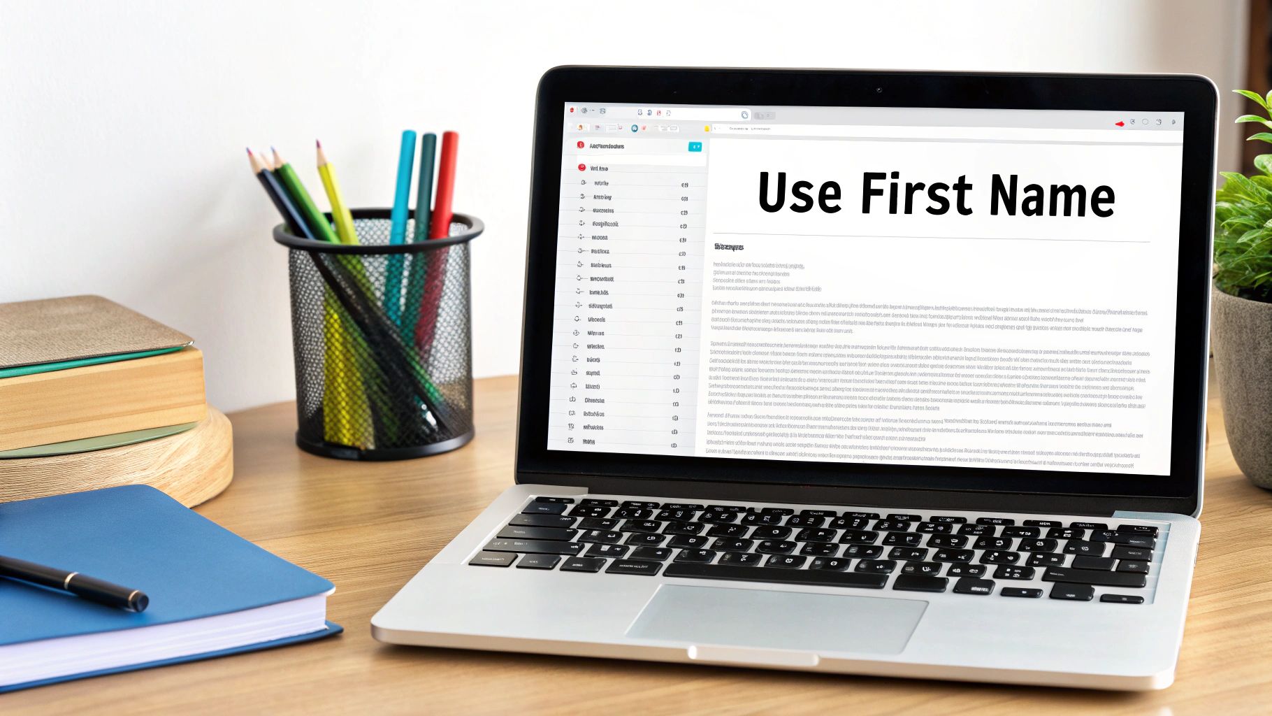 Laptop on a wooden desk displaying an email template with 'Use First Name' as the subject.