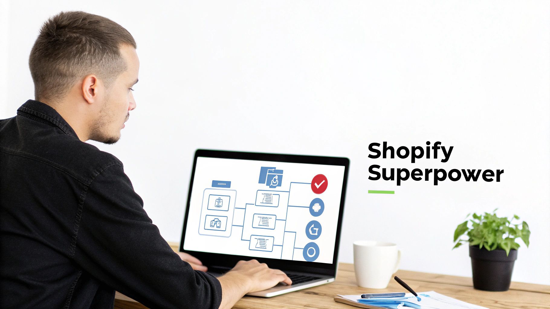 A man views a laptop displaying a marketing automation workflow, with 'Shopify Superpower' text.