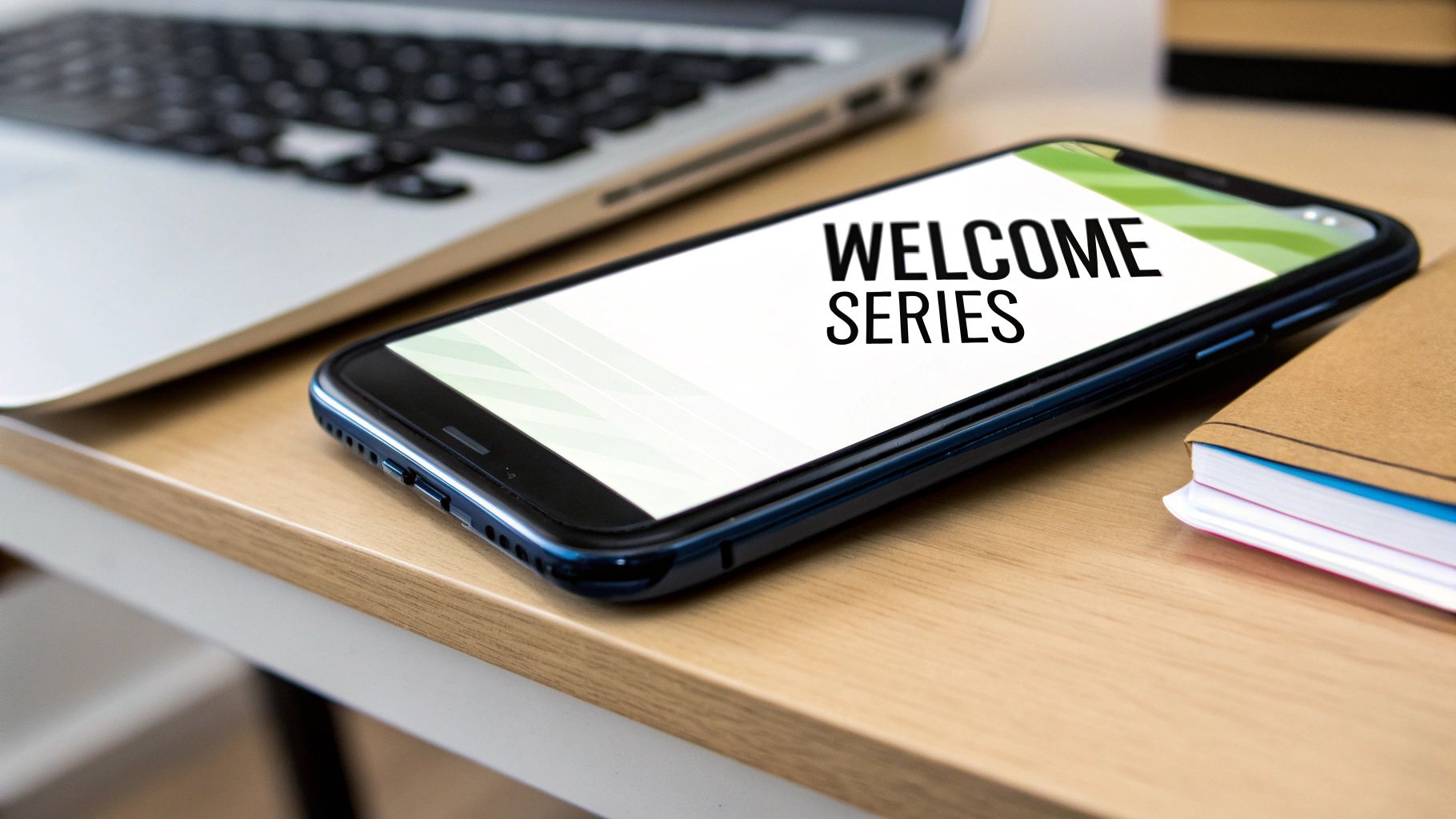 A smartphone displaying 'WELCOME SERIES' on its screen, next to a laptop and notebook on a wooden desk.
