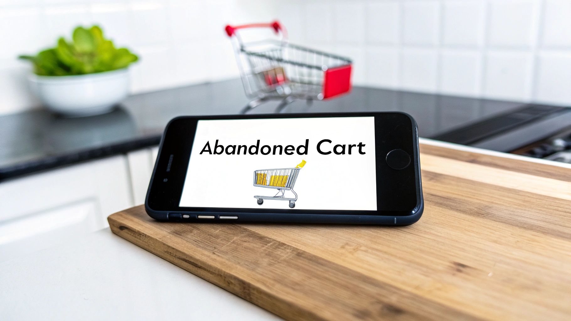 A smartphone displays 'Abandoned Cart' with a shopping cart graphic, on a wooden board.