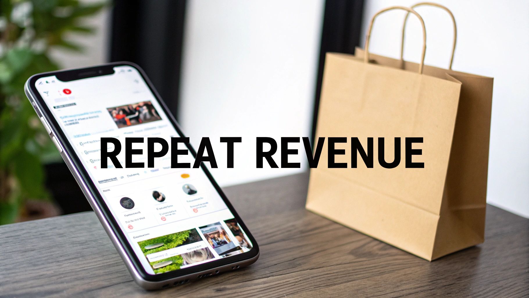 A smartphone displaying an app next to a brown shopping bag, with 'REPEAT REVENUE' text.