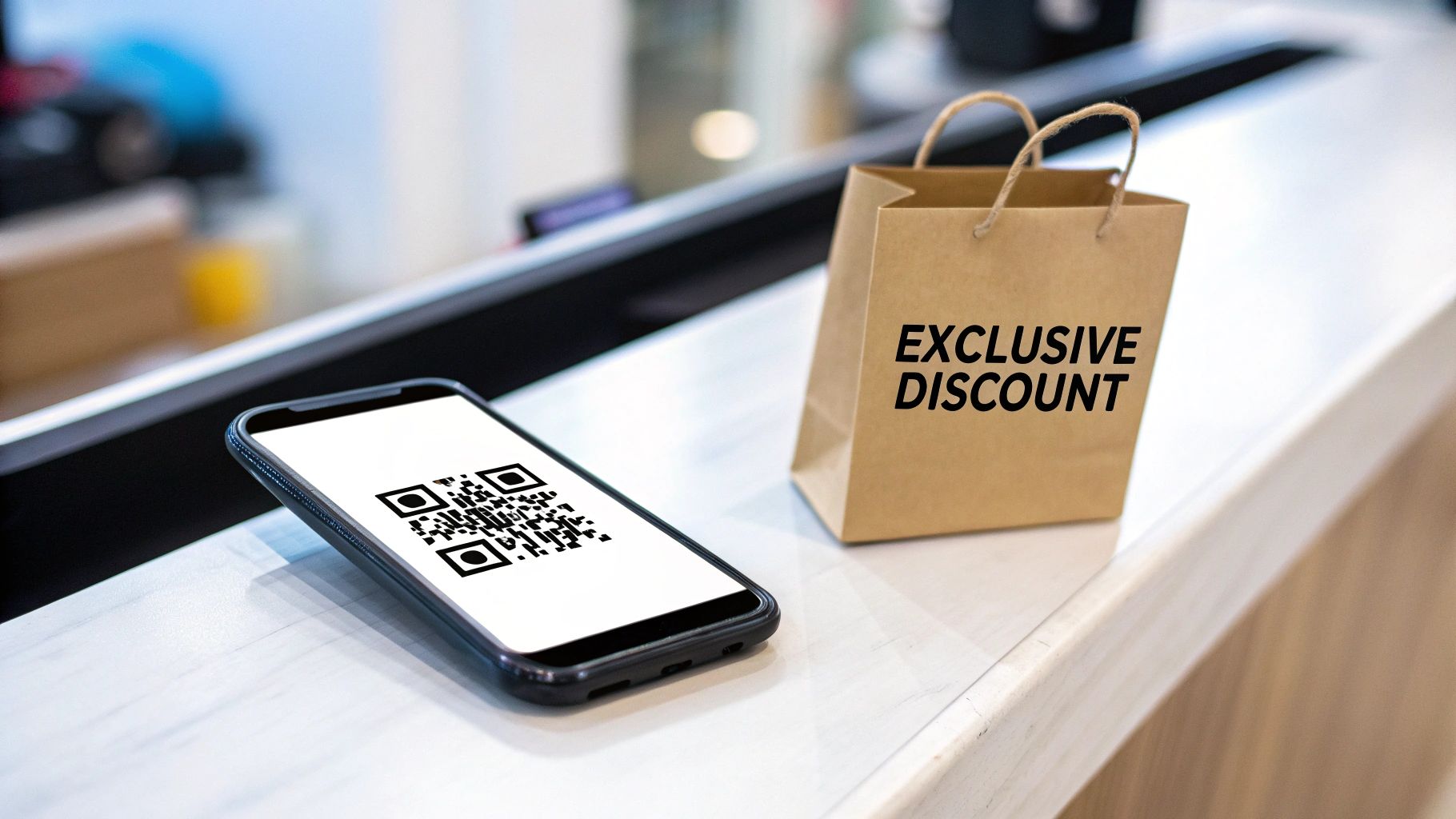 A smartphone displaying a QR code next to a brown bag with &quot;EXCLUSIVE DISCOUNT&quot; text on a counter.