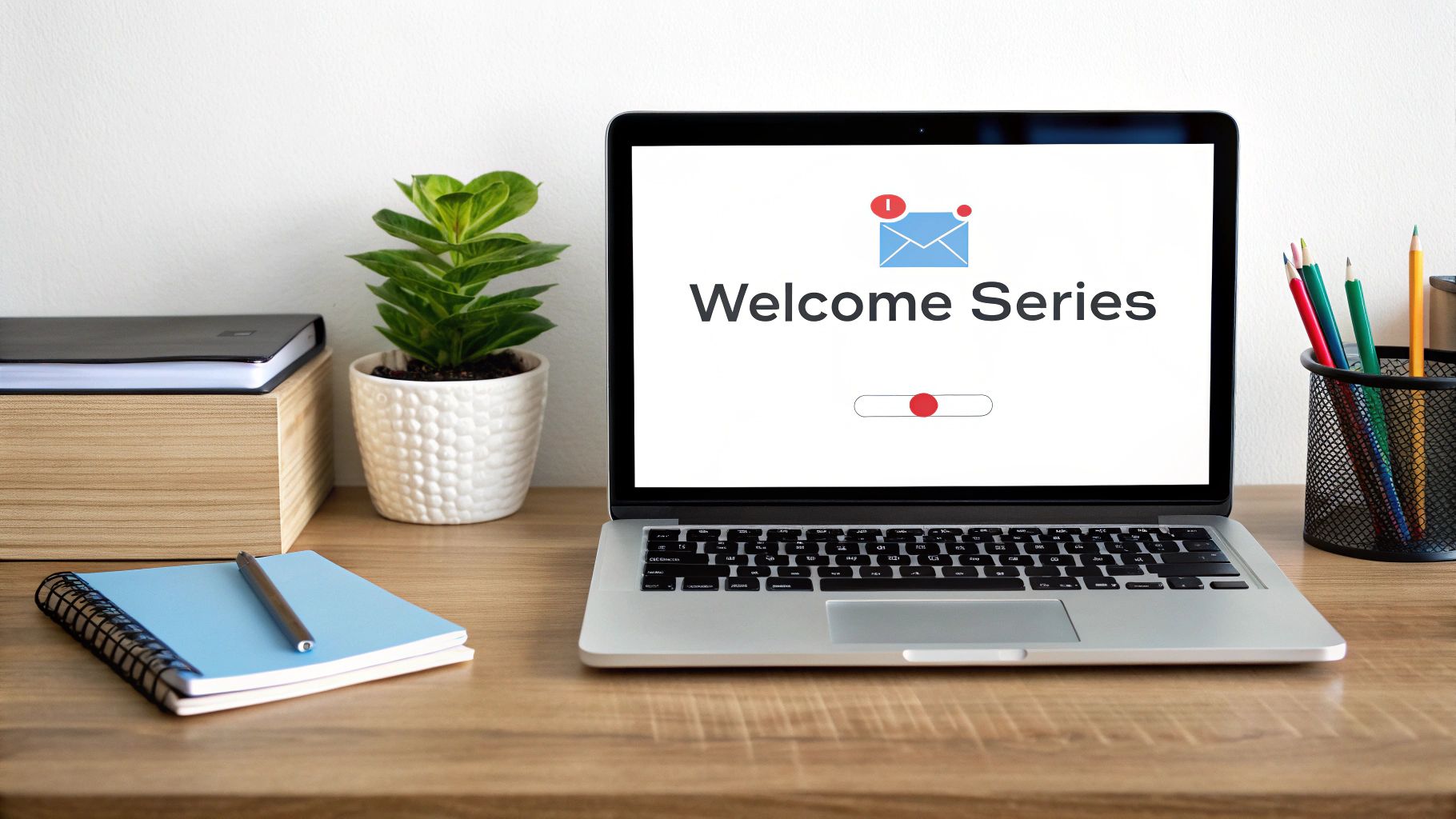 A laptop displaying a 'Welcome Series' email message on a desk with a plant and office supplies.