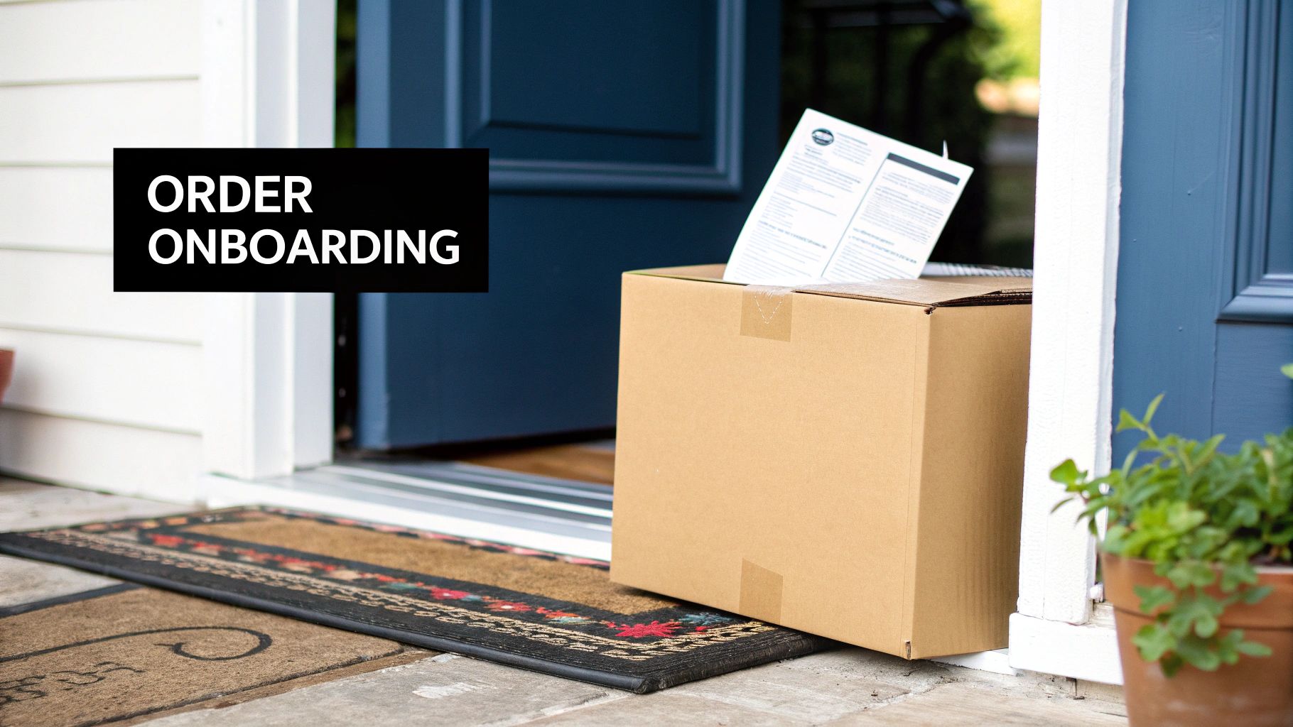 A brown delivery box with onboarding documents sits on a doormat by an open blue front door.