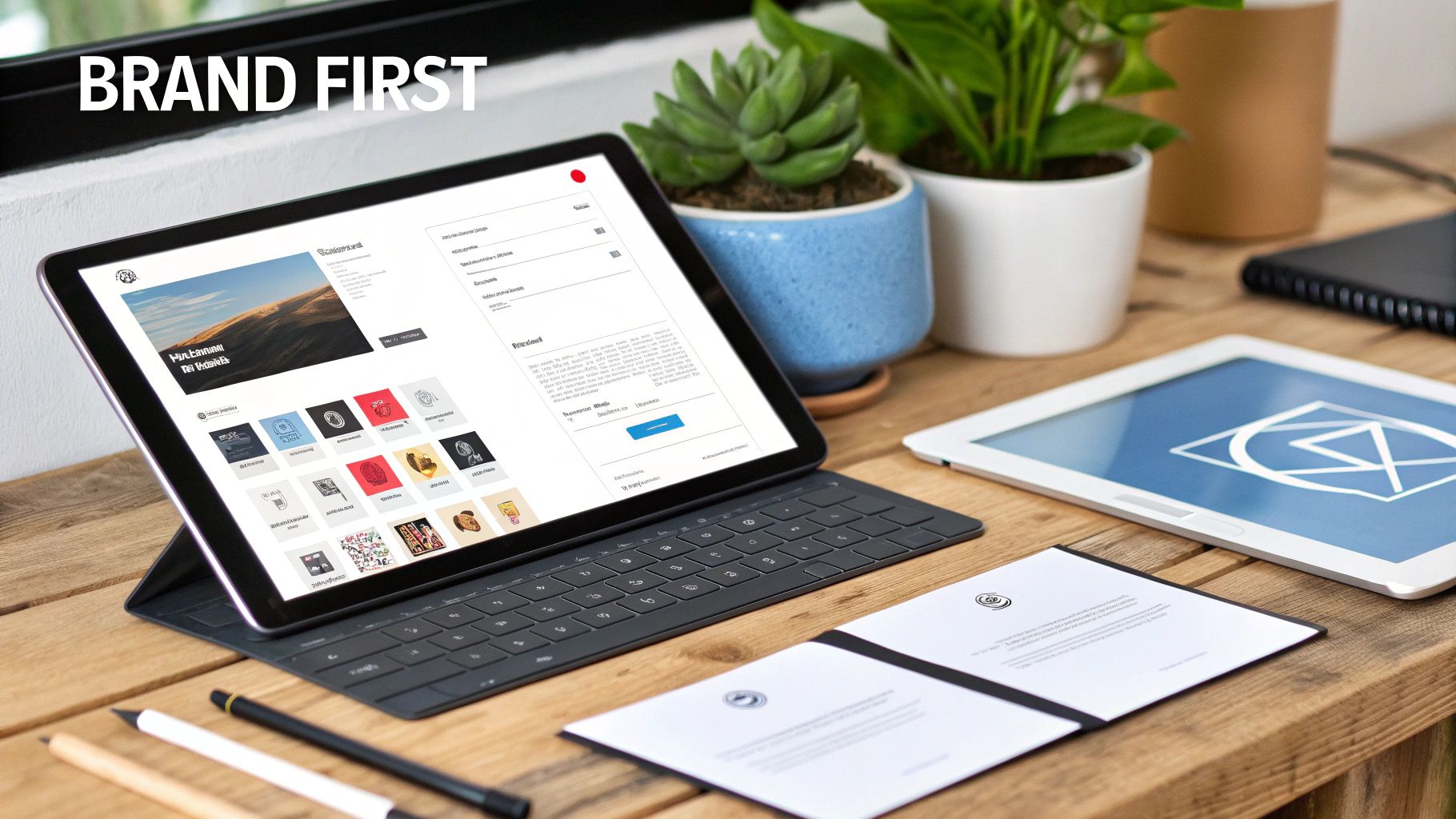 Modern workspace setup with two tablets, one displaying a branding website and the other a geometric logo, on a wooden desk.