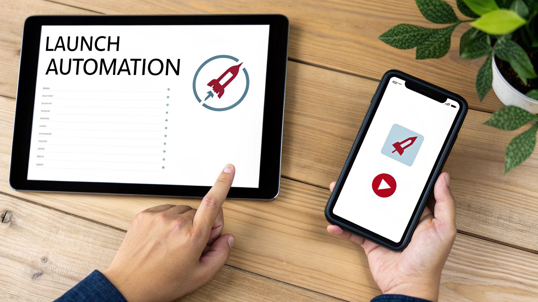 Hands interact with a tablet and smartphone displaying 'LAUNCH AUTOMATION' with rocket icons on a wooden desk.