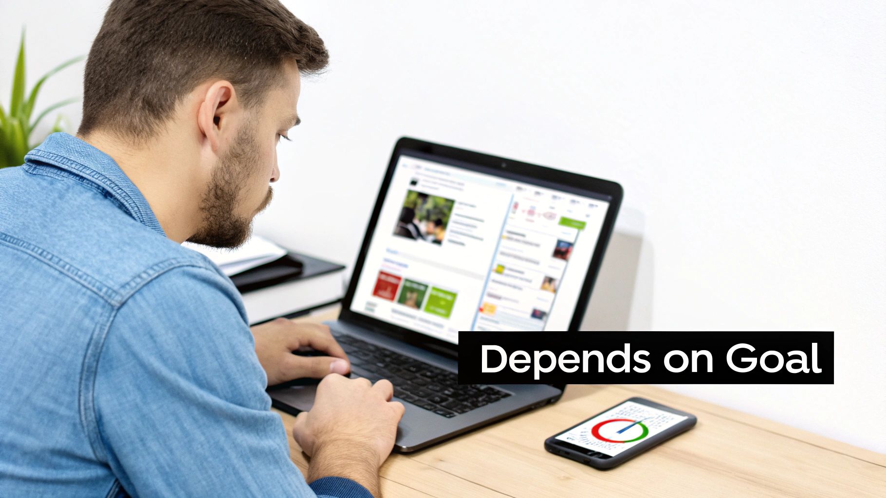 Man in a denim shirt working on a laptop, with a smartphone showing a gauge and text 'Depends on Goal'.
