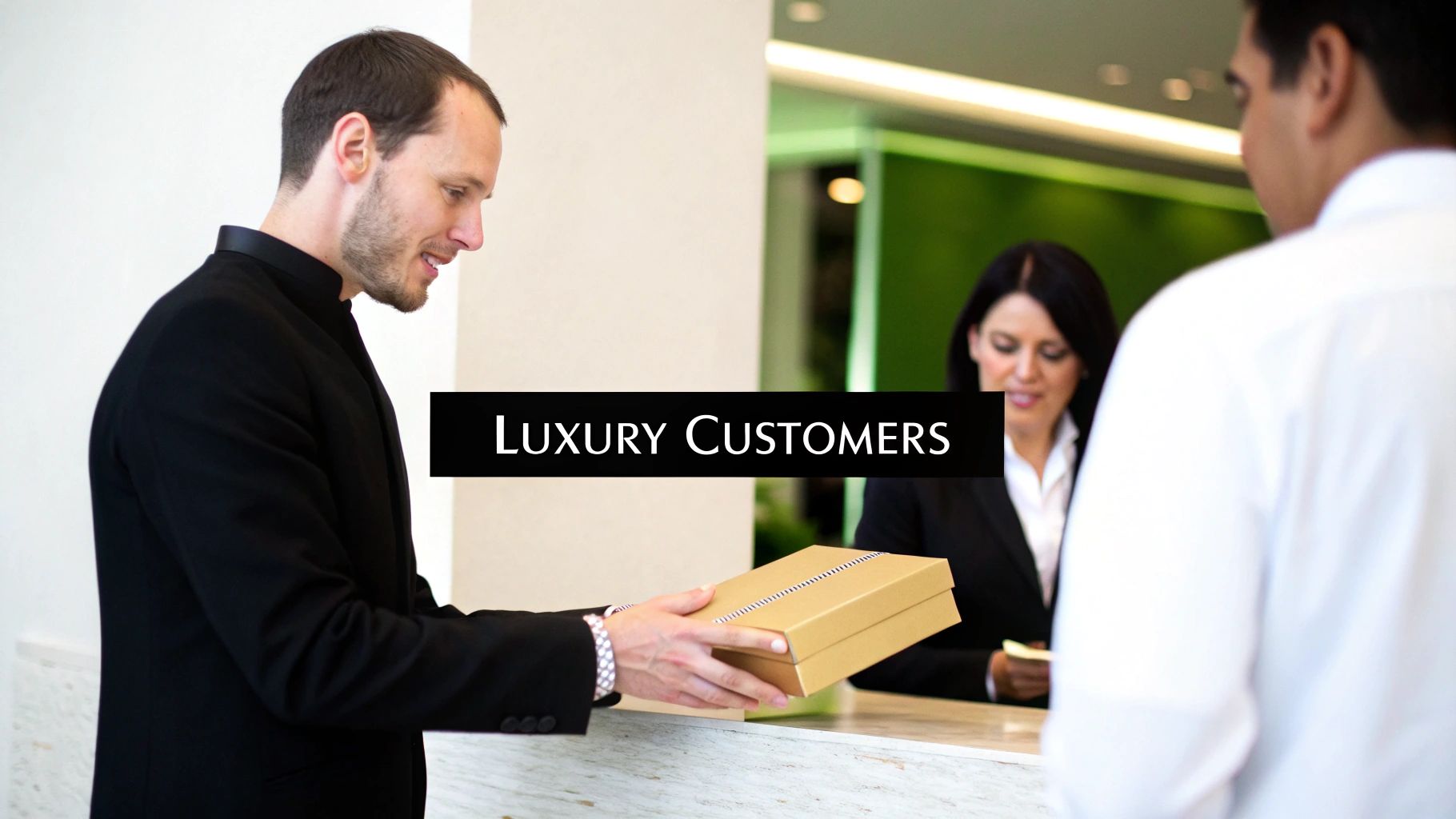 A man in a black suit hands a gift box over a counter at a service desk.