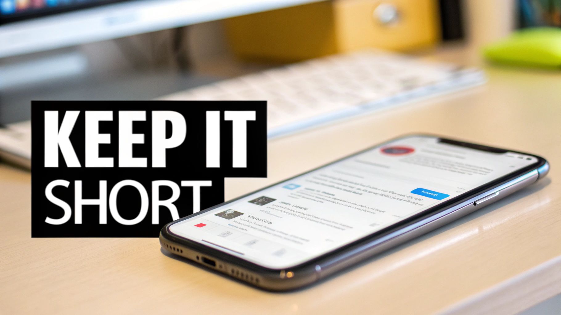 A smartphone on a desk displays an email interface, overlaid with a prominent "KEEP IT SHORT" message.