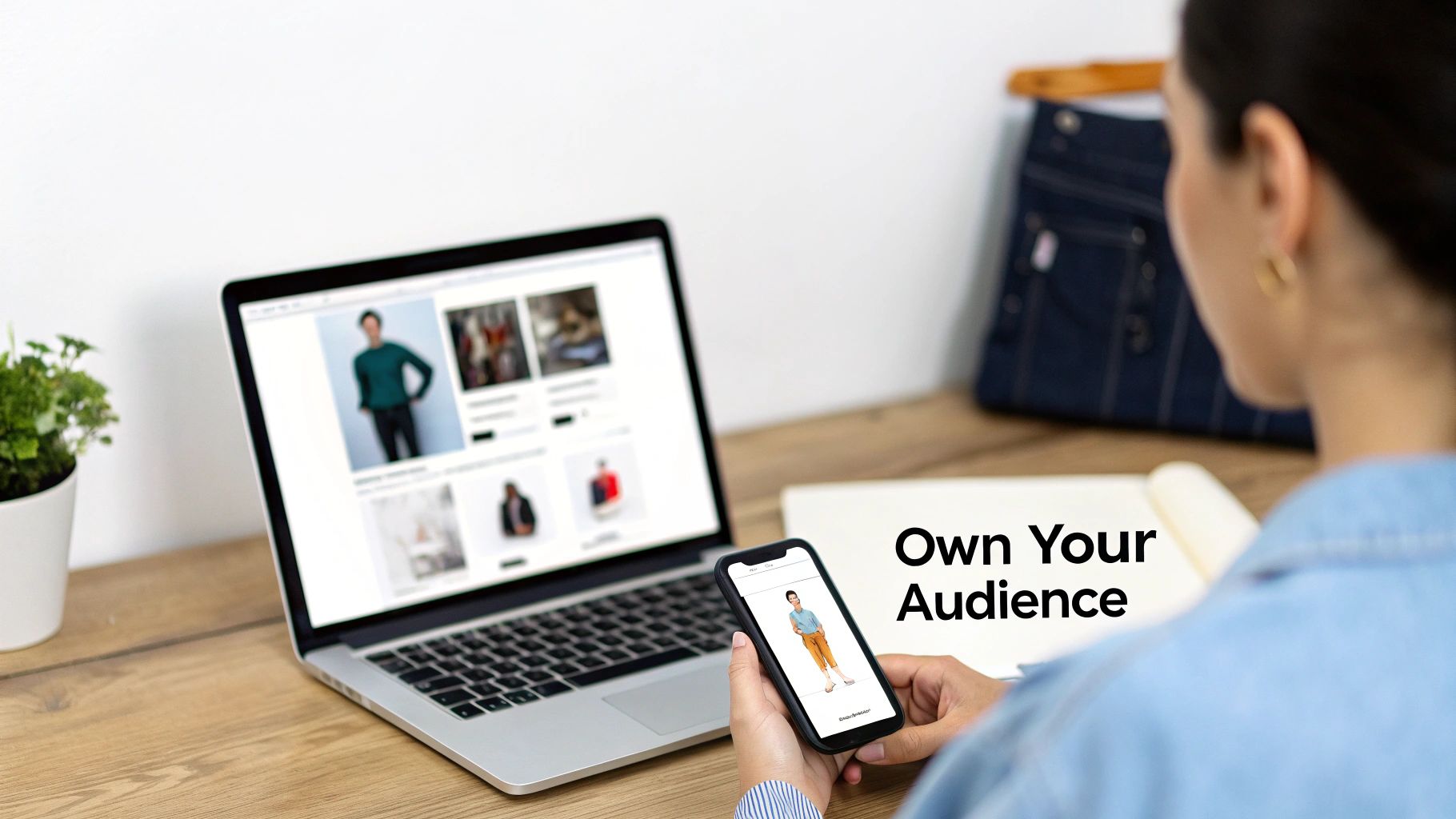 A person views fashion items on a laptop and smartphone, focusing on digital marketing.