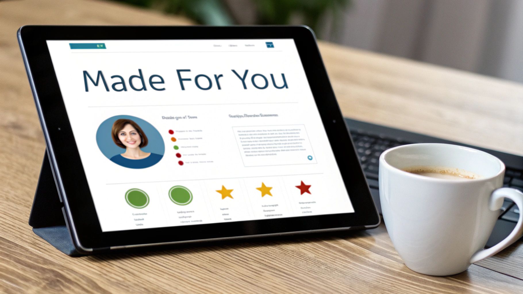 A tablet displaying a &#39;Made For You&#39; webpage with a woman&#39;s profile, data visuals, coffee, and a laptop on a wooden desk.