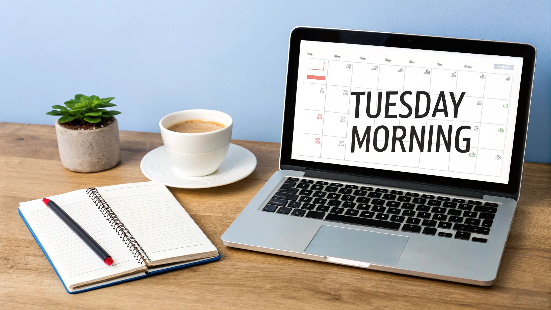 A wooden desk with a laptop showing a calendar with 'Tuesday Morning', coffee, a plant, and a notebook.