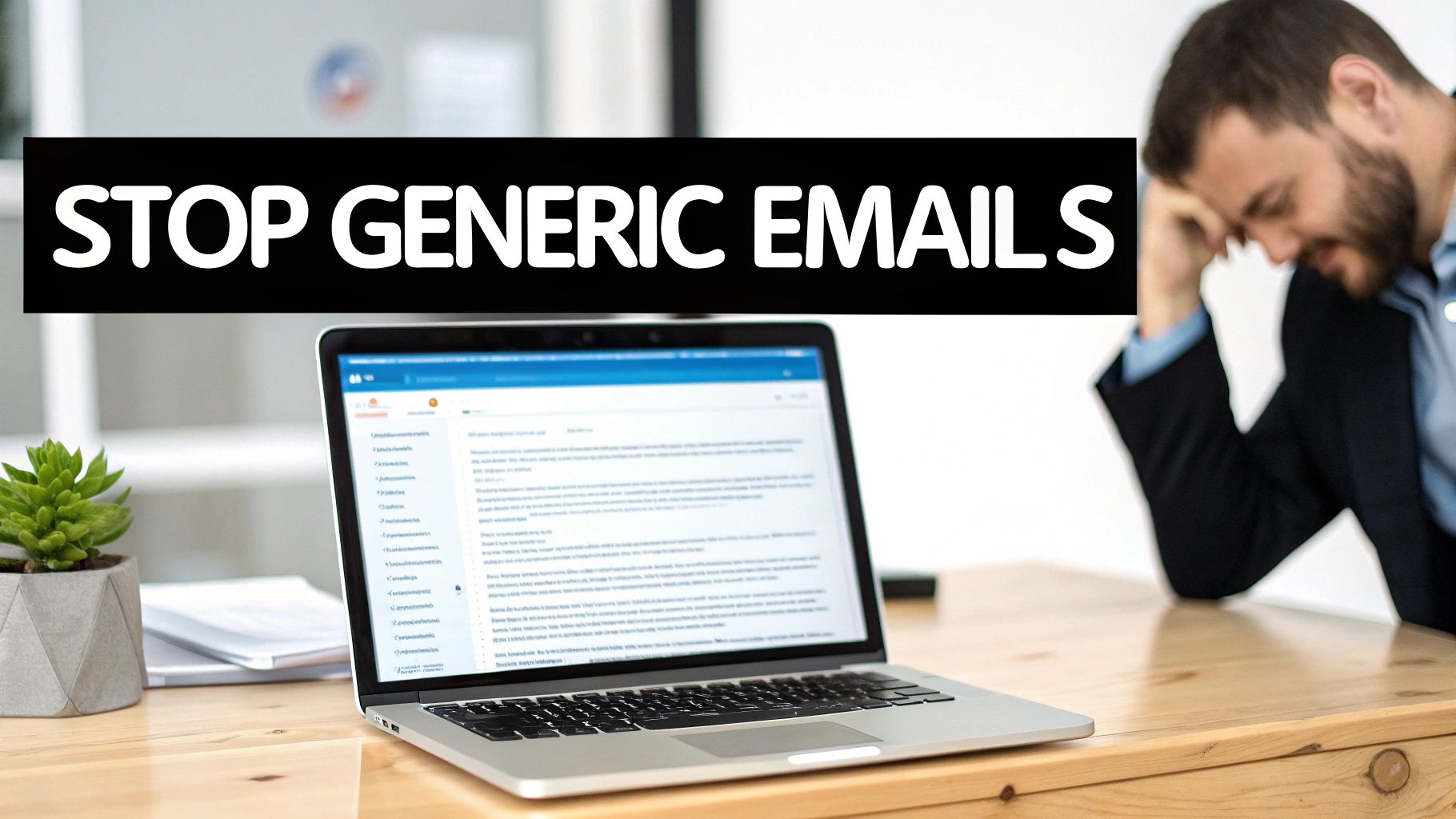 A frustrated man looking at a laptop with a 'STOP GENERIC EMAILS' banner, depicting email marketing stress.
