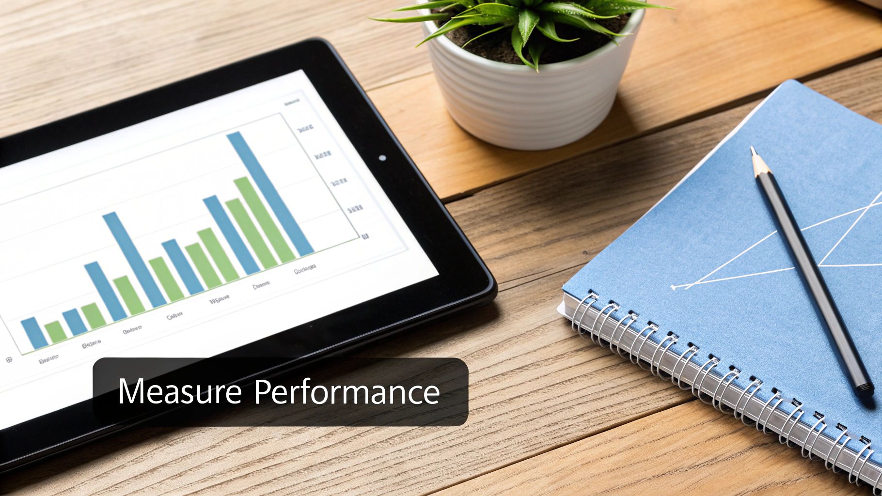 A tablet displays a bar chart for performance analysis, alongside a notebook and plant on a wooden desk.